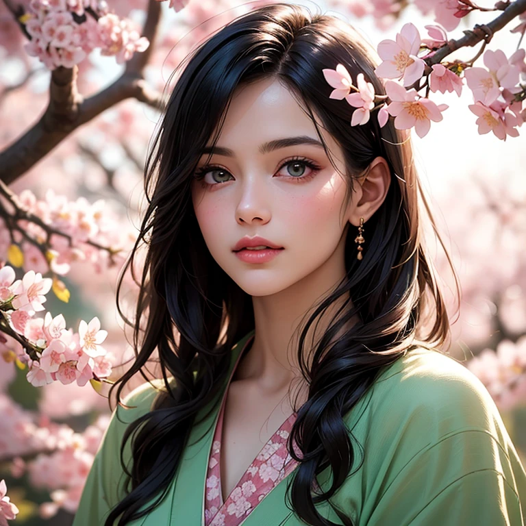 A girl surrounded by blooming cherry blossoms, wearing a flowing kimono,admiring the delicate pink petals falling from the trees. She has almond-shaped eyes with long lashes, a small nose, and rosy lips. The cherry blossoms cover the ground like a soft pink carpet, creating a serene and peaceful atmosphere. The scene is bathed in warm, golden sunlight, casting gentle shadows on the girl's face and illuminating the delicate details of the flowers. The artwork is created in traditional Japanese painting style, capturing the grace and elegance of the cherry blossoms. The colors are vivid and vibrant, with shades of pink, white, and green dominating the composition. The artwork is of the highest quality, with ultra-detailed brushstrokes and sharp focus on every element. The overall effect is like a masterpiece, showcasing the beauty and fragility of cherry blossoms in full bloom.