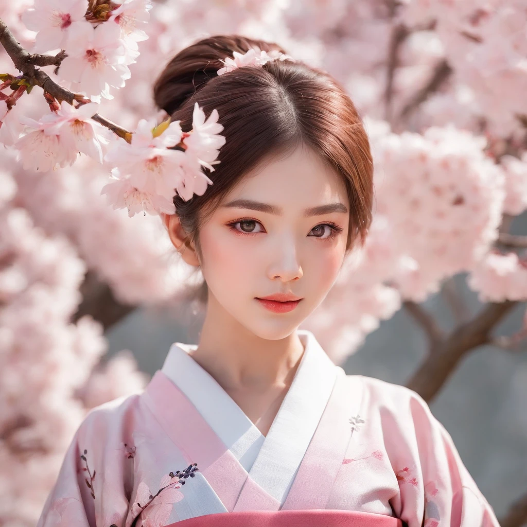 A girl surrounded by blooming cherry blossoms, wearing a flowing kimono,admiring the delicate pink petals falling from the trees. She has almond-shaped eyes with long lashes, a small nose, and rosy lips. The cherry blossoms cover the ground like a soft pink carpet, creating a serene and peaceful atmosphere. The scene is bathed in warm, golden sunlight, casting gentle shadows on the girl's face and illuminating the delicate details of the flowers. The artwork is created in traditional Japanese painting style, capturing the grace and elegance of the cherry blossoms. The colors are vivid and vibrant, with shades of pink, white, and green dominating the composition. The artwork is of the highest quality, with ultra-detailed brushstrokes and sharp focus on every element. The overall effect is like a masterpiece, showcasing the beauty and fragility of cherry blossoms in full bloom.