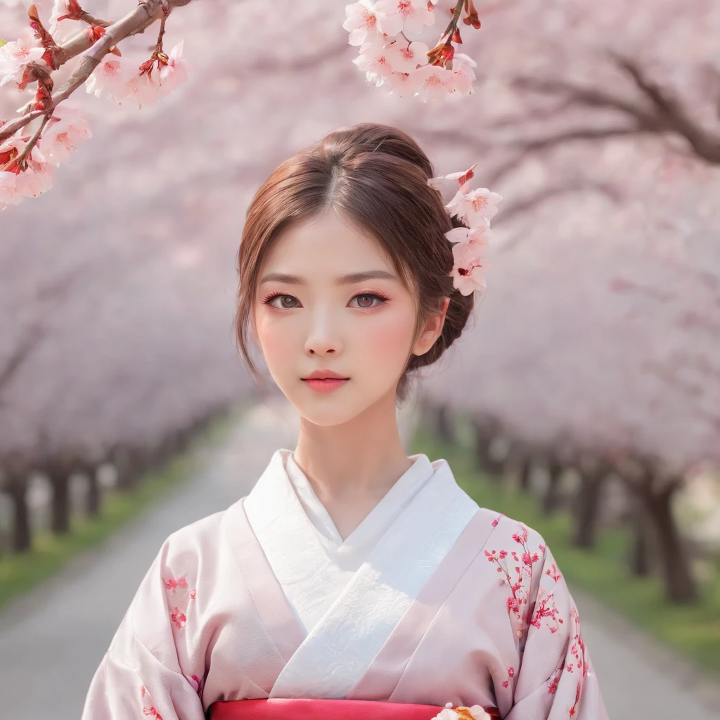 A girl surrounded by blooming cherry blossoms, wearing a flowing kimono,admiring the delicate pink petals falling from the trees. She has almond-shaped eyes with long lashes, a small nose, and rosy lips. The cherry blossoms cover the ground like a soft pink carpet, creating a serene and peaceful atmosphere. The scene is bathed in warm, golden sunlight, casting gentle shadows on the girl's face and illuminating the delicate details of the flowers. The artwork is created in traditional Japanese painting style, capturing the grace and elegance of the cherry blossoms. The colors are vivid and vibrant, with shades of pink, white, and green dominating the composition. The artwork is of the highest quality, with ultra-detailed brushstrokes and sharp focus on every element. The overall effect is like a masterpiece, showcasing the beauty and fragility of cherry blossoms in full bloom.