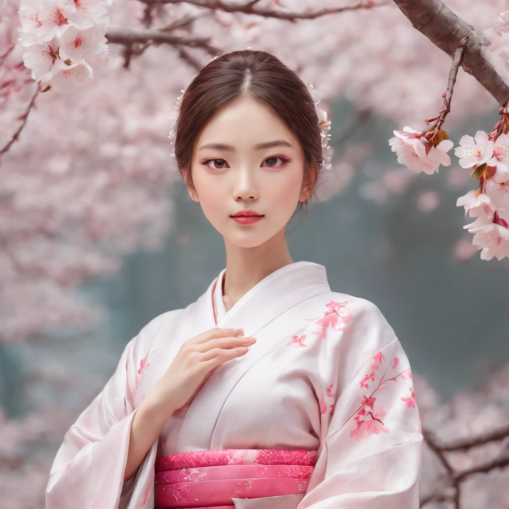 A girl surrounded by blooming cherry blossoms, wearing a flowing kimono,admiring the delicate pink petals falling from the trees. She has almond-shaped eyes with long lashes, a small nose, and rosy lips. The cherry blossoms cover the ground like a soft pink carpet, creating a serene and peaceful atmosphere. The scene is bathed in warm, golden sunlight, casting gentle shadows on the girl's face and illuminating the delicate details of the flowers. The artwork is created in traditional Japanese painting style, capturing the grace and elegance of the cherry blossoms. The colors are vivid and vibrant, with shades of pink, white, and green dominating the composition. The artwork is of the highest quality, with ultra-detailed brushstrokes and sharp focus on every element. The overall effect is like a masterpiece, showcasing the beauty and fragility of cherry blossoms in full bloom.