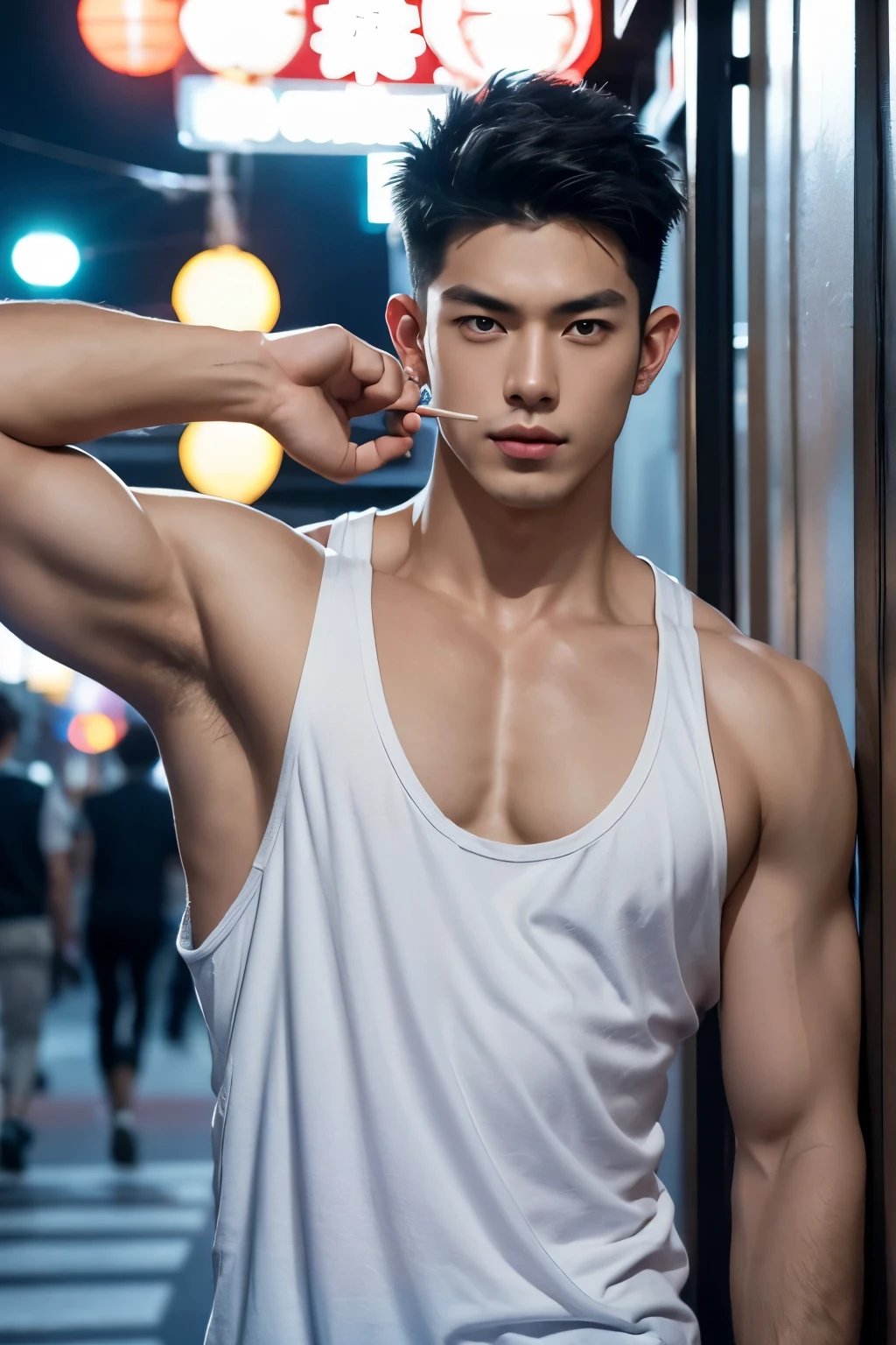 Japanese male male model, big muscles, handsome, cool, smoothly combed hair, pierced ears, wearing a loose tank top, holding a lollipop, portraiture, modeling, dynamic pose, Japanese street, late at night, store lights trade, full half body shot 