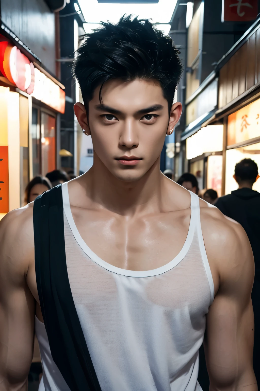 Japanese male male model, big muscles, handsome, cool, smoothly combed hair, pierced ears, wearing a loose tank top, holding a lollipop, portraiture, modeling, dynamic pose, Japanese street, late at night, store lights trade, full half body shot 