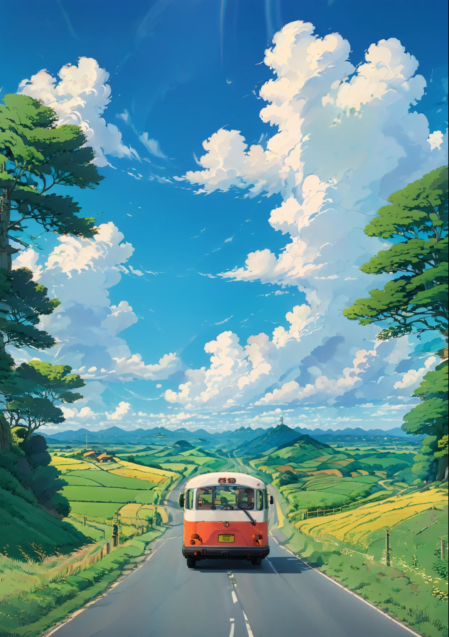 cenário de anime de um ônibus passando por uma estrada secundária, por Miyazaki, paisagem rural de anime, paisagem do estúdio ghibli, estúdio ghibli céu, incrível miyazaki, estilo de hayao miyazaki, por Hayao Miyazaki, filme de animação de miyazaki, luz solar do estúdio ghibli, tiro médio. por Hayao Miyazaki, arte do estúdio ghibli, vibração ghibli