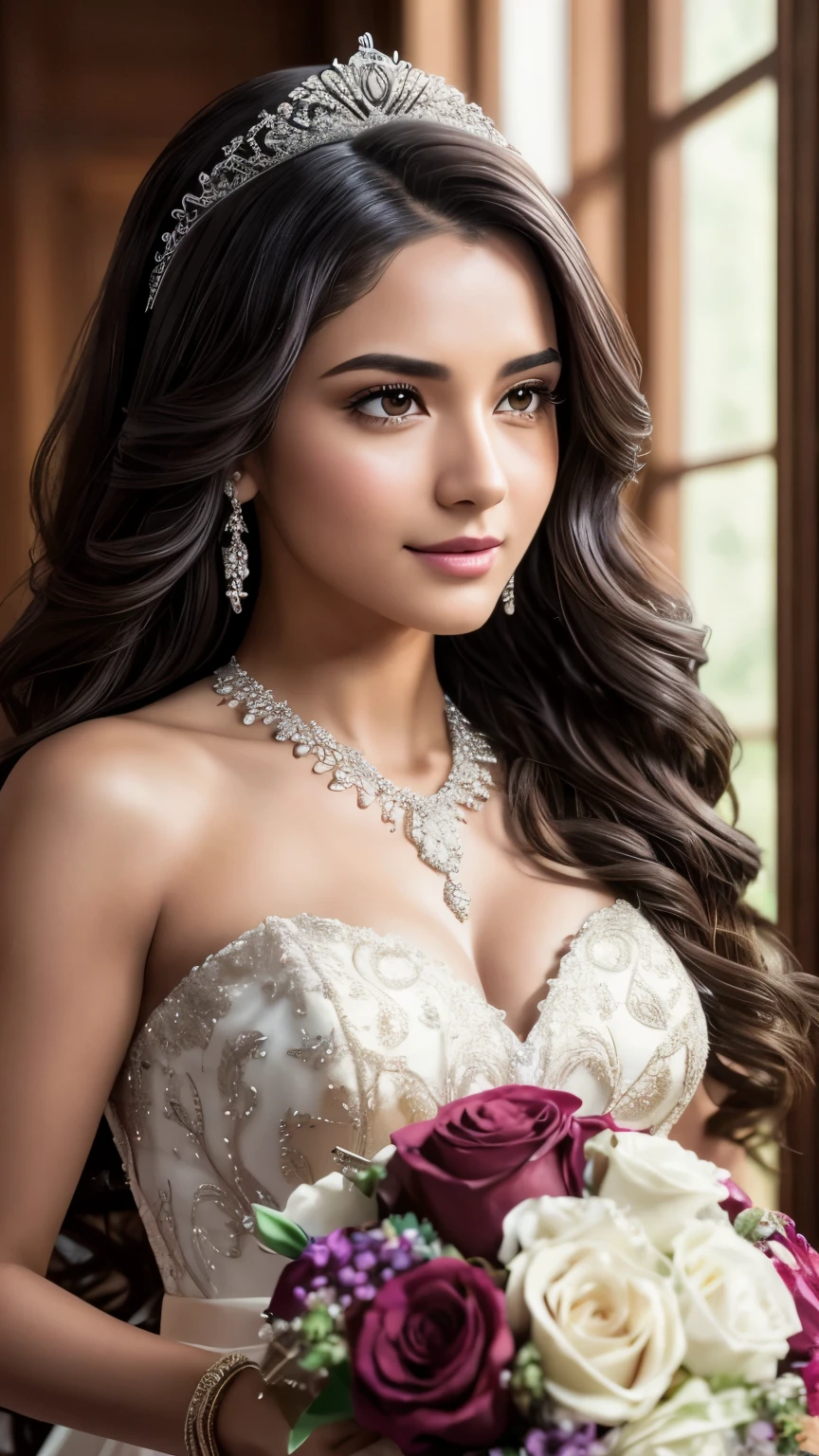 A beautiful mixed brown hair looking young woman in the age of 26 wearing a bridal gown, she has beautiful small eyes and long  natural eyelashes, she has small but little full rose lips and black curly long hair . On her hand she has a beautiful bridal bouquet. She is smiling . Ultra realistic photo macro picture.super real  . She has small snub nose, she looks like beauty queen. Skin so natural spoken see pores, Shot on a Hasselblad medium format camera with a 100mm lens. Unmistakable to a photograph. Cinematic lighting. Very accurate representations and details for the photos 4k, 8k, 16k, full ultra hd, high resolution and cinematic photography --ar 3:2  --v 5 --up-beta --v 5 --Screen Space Reflections --Diffraction Grading --Chromatic Aberration --GB Displacement --Scan Lines --Ambient Occlusion --Anti-Aliasing FKAA --TXAA --RTX --SSAO --OpenGL-Shader’s --Post Processing --Post-Production --Cell Shading --Tone Mapping --CGI --VFX --SFX --insanely detailed and intricate --hyper maximalist --elegant --dynamic pose --photography --volumetric --ultra-detailed --intricate details --super detailed --ambient –uplight