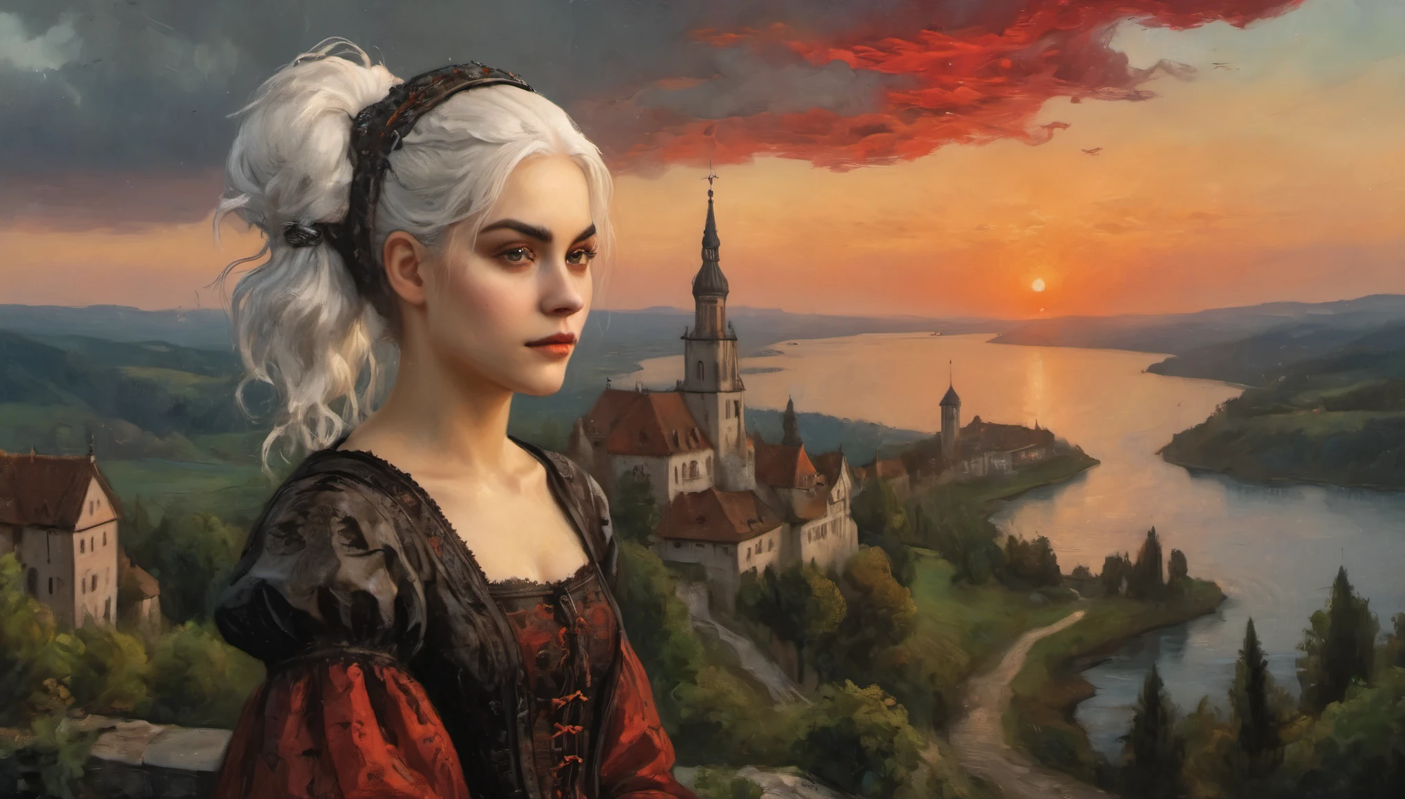 ((top air view)) (1girl),gothic,twintails,white hair, organza lace,Gorgeous and fussy clothes,gothic crimson sunset, created ((in the style of Albrecht Altdorfer)), Renaissance, pin-dot art,((oil painting knife)), rainessanse older gradient, Complex details, intricate, aesthetics, ((best quality, Masterpiece)),
((Highest detail), Octane rendering, 8K  