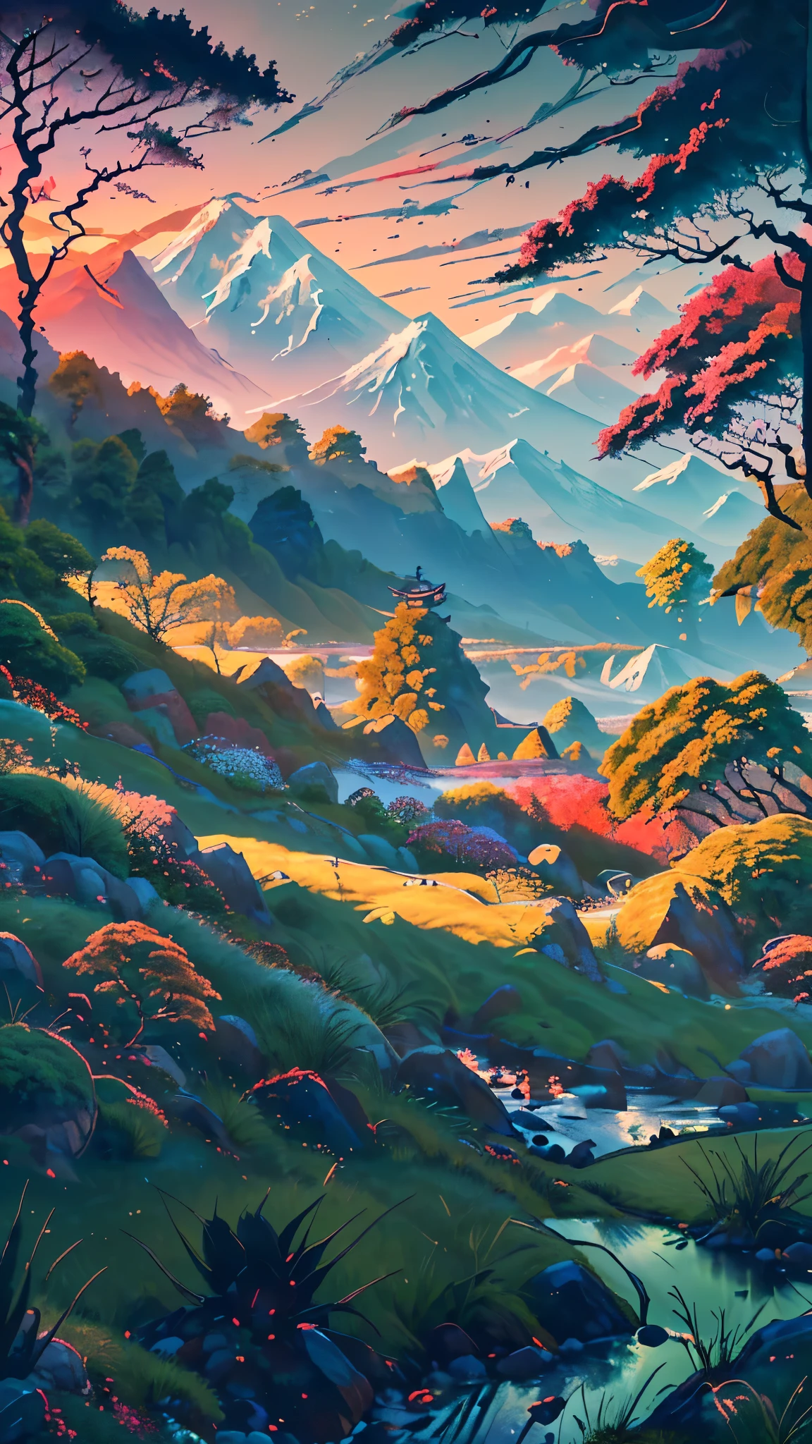 A Japanese valley unfolds with Mount Fuji in the background. Alongside vibrant grass, a slender road meanders, accompanied by the presence of tall trees, enhancing the serene beauty of the landscape.