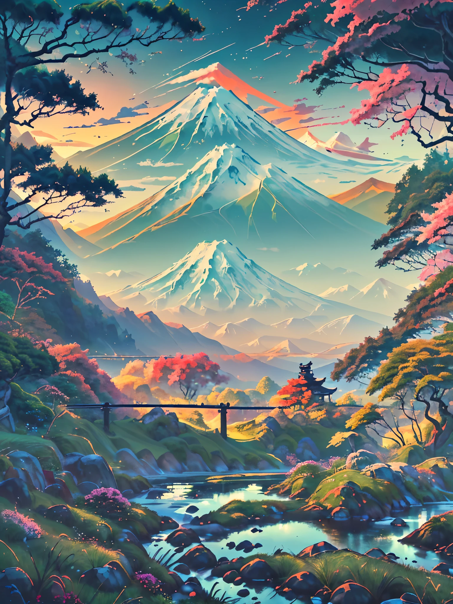 후지산을 배경으로 펼쳐지는 일본의 계곡. 생기 넘치는 잔디 옆에, 가느다란 길은 구불구불하다, 키가 큰 나무의 존재와 함께, 풍경의 고요한 아름다움을 강화.