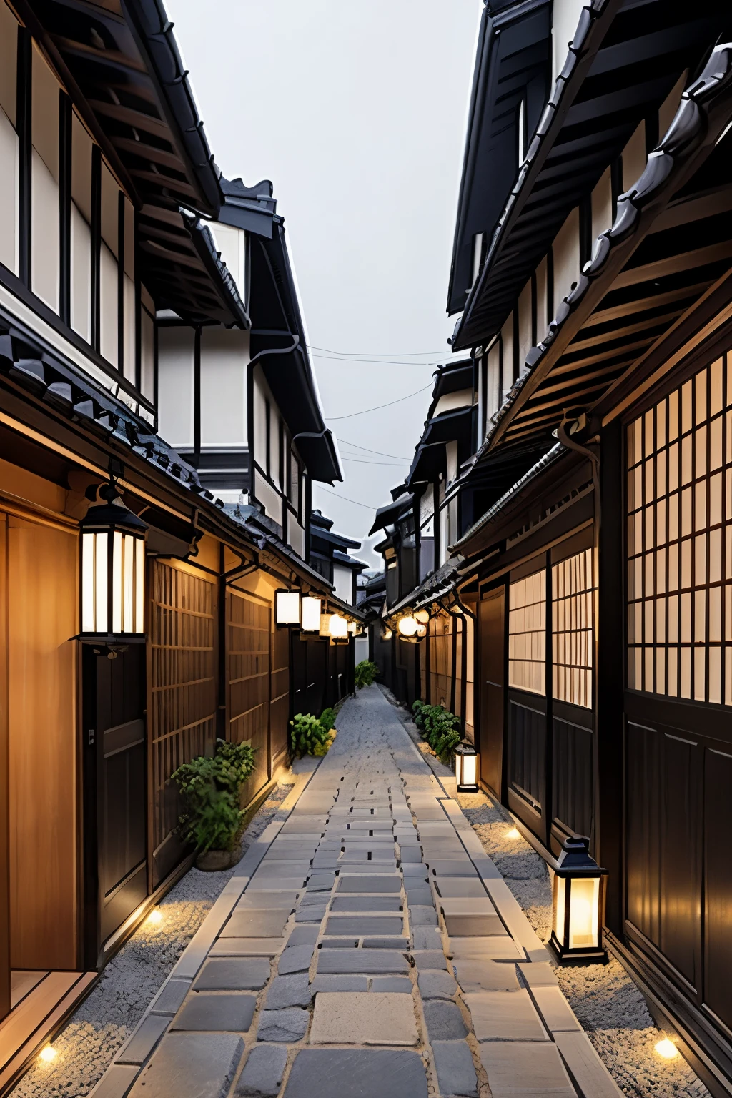 /imagine prompt: A narrow alley in Kyoto, stone pavement, traditional wooden houses on both sides, early morning mist. Lanterns softly illuminating the path. Created Using: ink wash painting techniques, delicate brush strokes, deep shades of black and grey, hints of color from the lanterns, high detail, texture of the wooden facades and stones, ambient lighting, serene atmosphere --ar 9:16 --v 6.0
