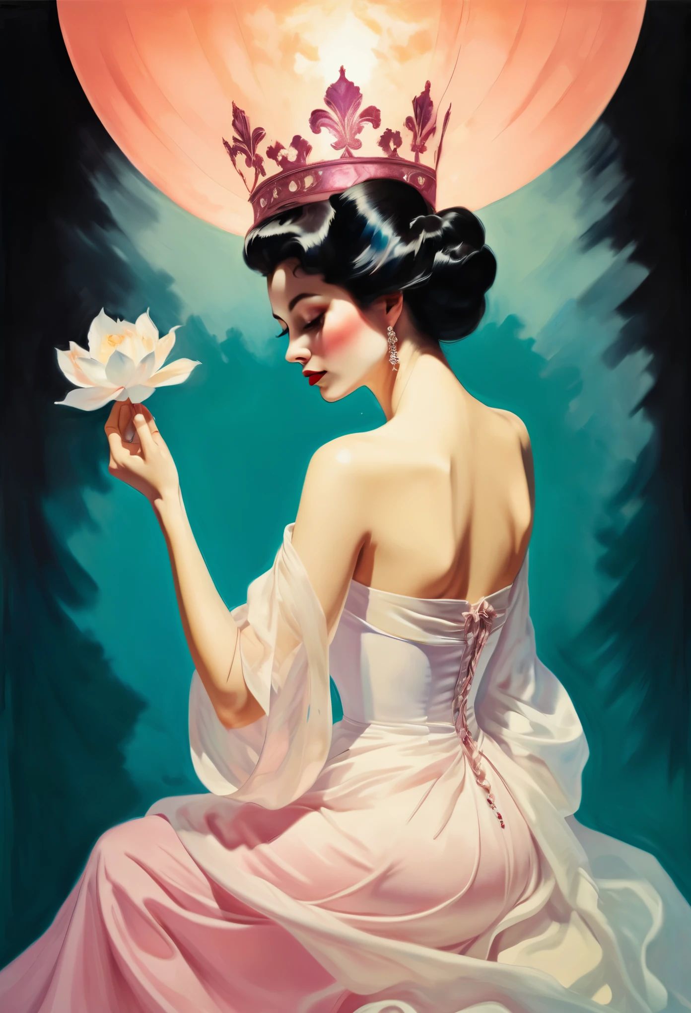 chiaroscuro technique on sensual illustration of an elegant queen , vintage ,silky dress, matte painting, by John Singer Sargent, by Harumi Hironaka, extremely soft colors, vibrant, pastel, highly detailed, digital artwork, high contrast, dramatic, refined, tonal, an intimate, seductive studio setting with a focus on sensuality and romance. Utilize soft, warm lighting that bathes the space in a gentle, inviting glow. Incorporate luxurious fabrics, plush furnishings, and a touch of decadence to evoke an opulent ambiance. The scene should exude an air of serenity and anticipation, inviting the viewer into a sensual and romantic space