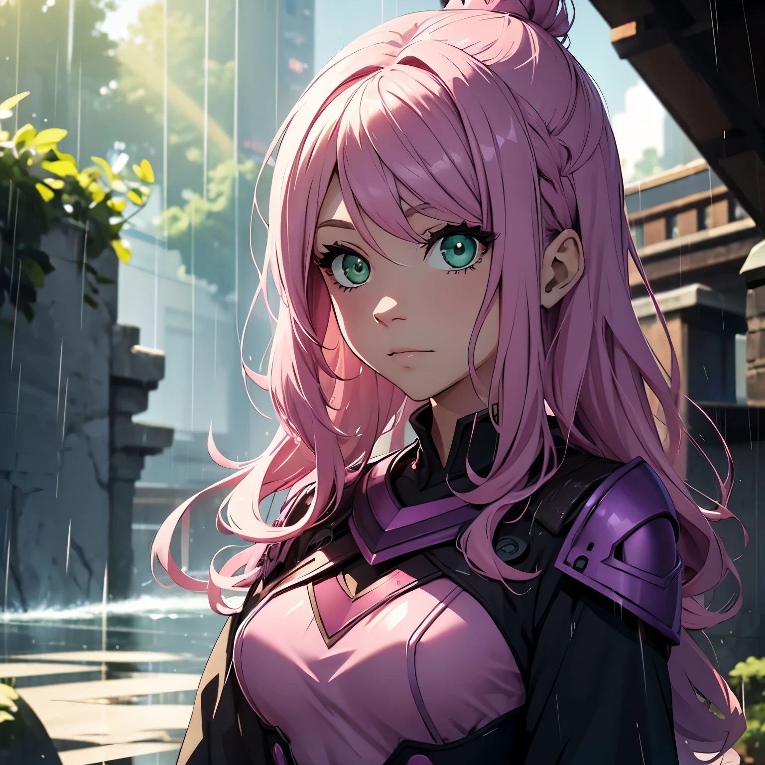 Girl, pink hair, lock of hair, wavy hair, green eyes, in rain, ((dynamic light)), future violet armor