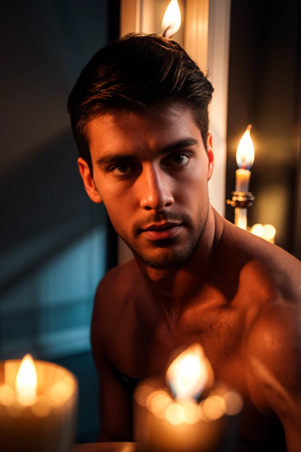 Handsome guy with blue steel eyes is sitting in a completely dark room. There's a lit candle 30 centimeters away from his face, illuminating his beautiful features. Photorealistic style. 8k resolution. Very detailed.