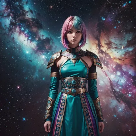 a girl with rainbow colored hair and detailed teal dress armor, standing, rainbow colored cosmic nebula background, stars, galax...