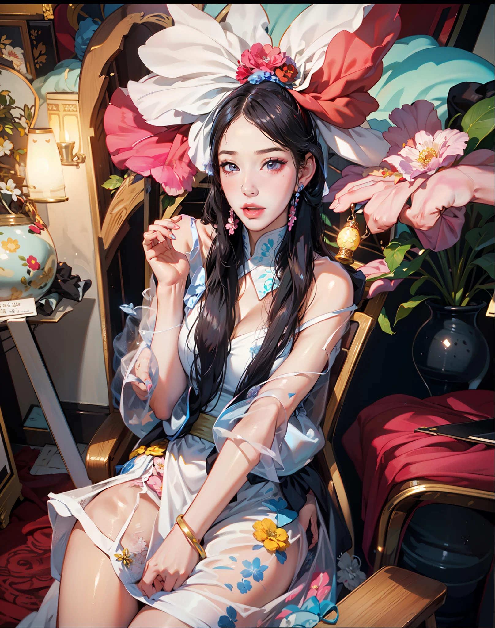 araffe girl sitting on a chair with a flower headpiece, lady with glowing flowers dress, ulzzang, bae suzy, sha xi, wearing pink floral gown, belle delphine, sakimichan, jinyoung shin, heonhwa choe, 2 0 2 0 fashion, official, 2 0 2 2 photo, wearing pink floral chiton