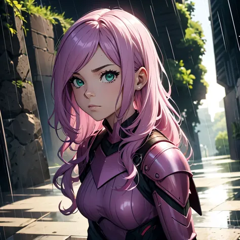 Girl, pink hair, lock of hair, wavy hair, green eyes, in rain, ((dynamic light)), future violet armor