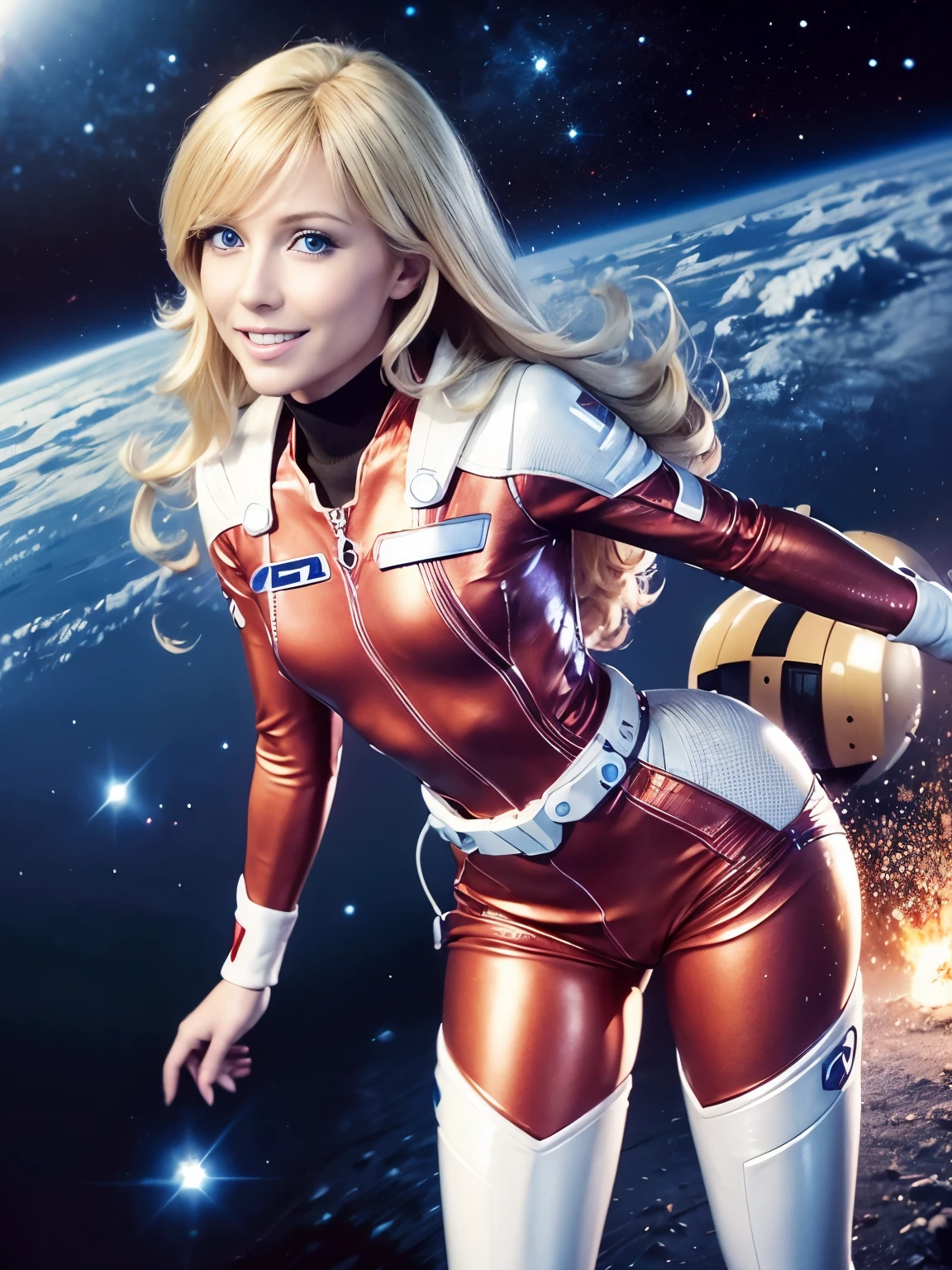 1 jeune femme, 25 ans, very blonde, souriante, yeux bleus clairs, Long messy hair, grande, anatomie parfaite, flat chest, full red space suit, bottes blanches, ceinture hitech blanche, debout