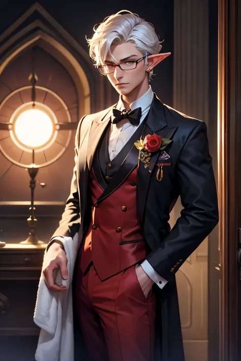 close-up, high sun elf with glasses, butler in a red suit with a bow tie, round earring in the ear, hair combed back, One eyebro...