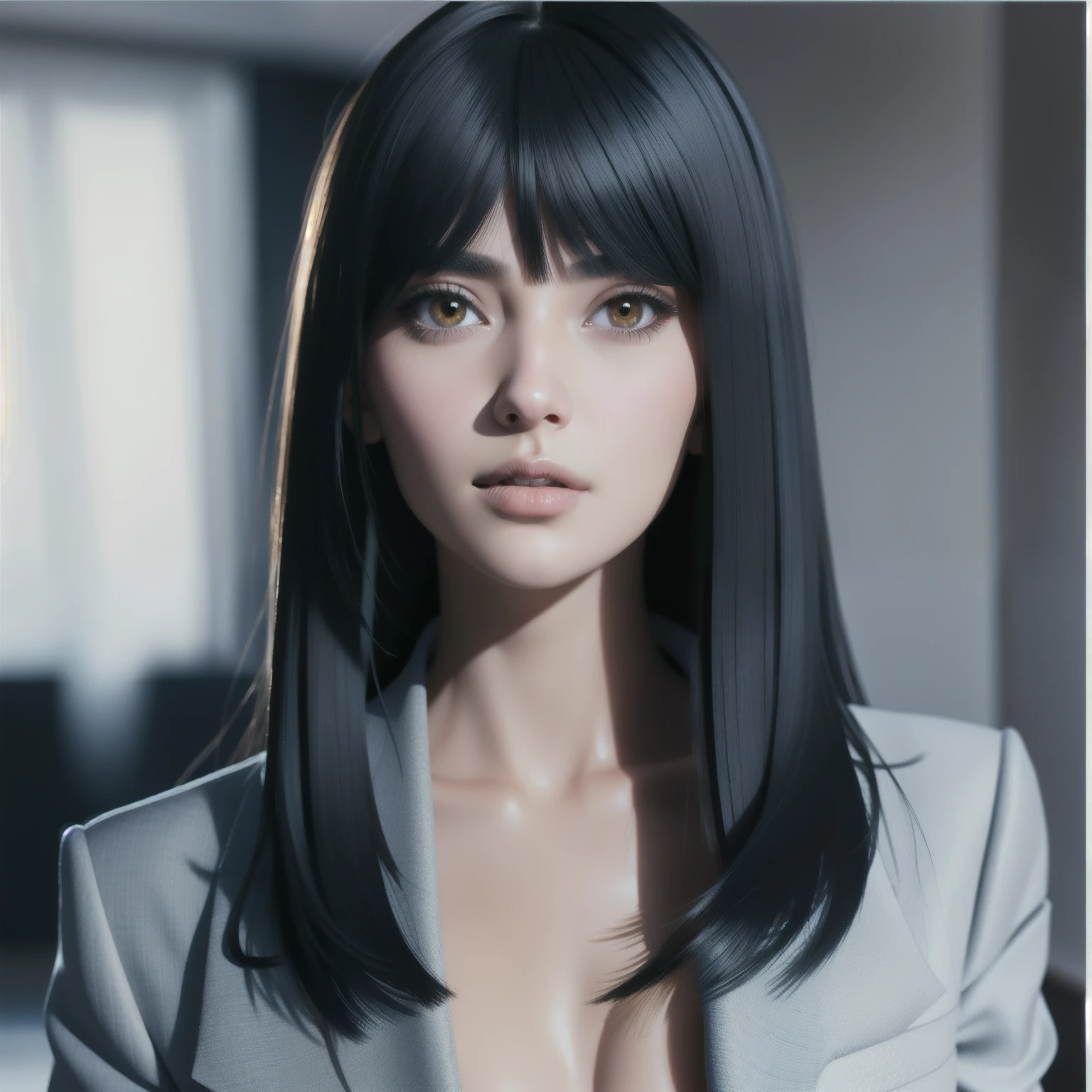 photorealistic woman with long black hair and a suit, photorealistic beautiful face, elegant, realistic beautiful face, realistic female portrait, photorealistic fashion photography style