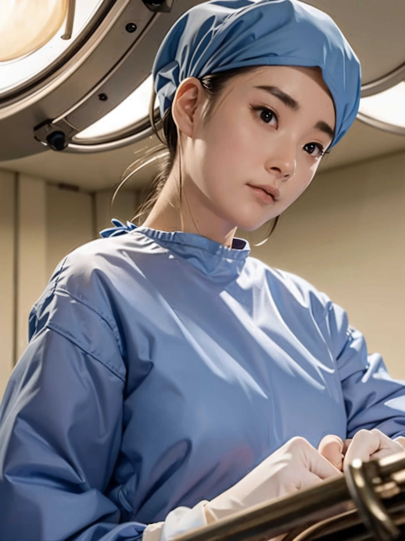 (คุณภาพสูงสุด,ความละเอียดสูง:1.2),รายละเอียดสุดยอด,(เหมือนจริง:1.37) ผู้หญิง 1 คน,สวมชุดผ่าตัดแขนยาว,สวมหน้ากากอนามัย,สวมถุงมือผ่าตัด,สวมหมวกผ่าตัด,ในห้องผ่าตัด,ใต้โคมไฟเหนือศีรษะ