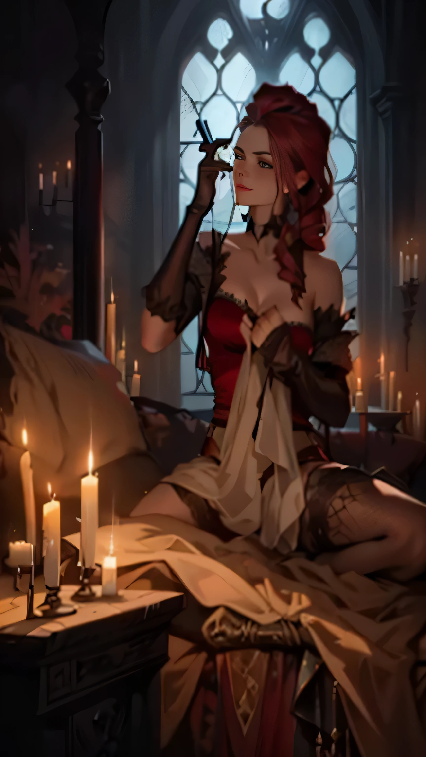 a woman in a red dress sitting on a bed next to candles, abaddon and magali villeneuve, vampires fantasy, by Galen Dara, gothic fantasy art, witcher)), gwent, gothic romance, medieval fantasy art, magali villeneuve', inspired by Magali Villeneuve, by Magali Villeneuve, succubuedieval, trending on deviant art