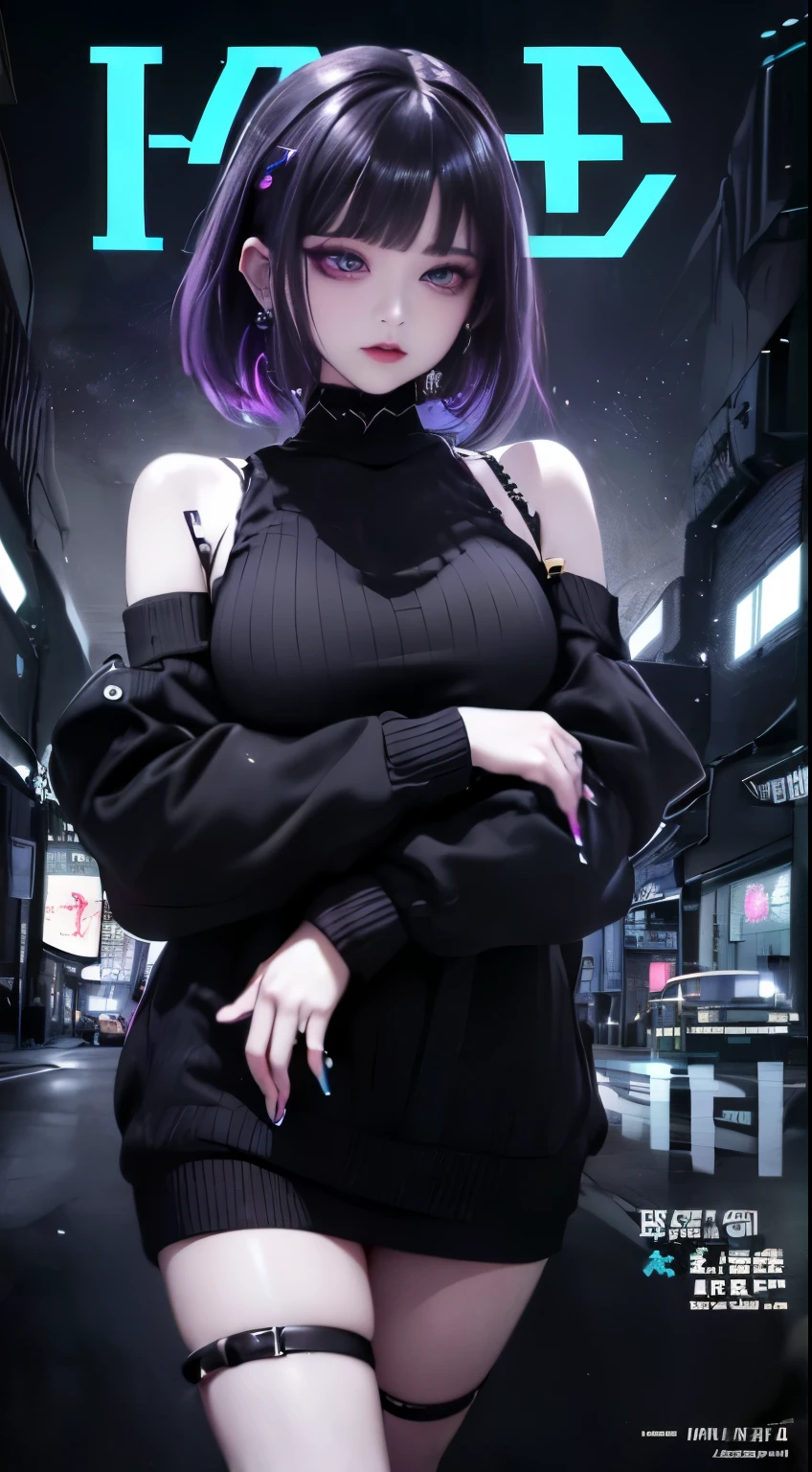 4K - ultra-vivid、highest quality, masterpiece, ultra high resolution, (reality: 1.4),  16 year old girl, purple eyes, Off-the-shoulder sweater dresses, cinematic lighting、purple and black hair、(Mine Girl、goth makeup、my makeup)、(earrings、big breasts、Oversized black T-shirt with open shoulders、Dark mini skirt)、((dark makeup、oil skin,glowing skin、realistic skin texture、Fine and beautiful skin、shiny skin)), nightの暗い繁華街、night、blue film photography、kabukicho、Dark Cyberpunk、(full shot:1.8)、thin legs、thin arms、thin shoulders、thin waist、slender body、big breasts、whole body、(magazine cover: 1.8)