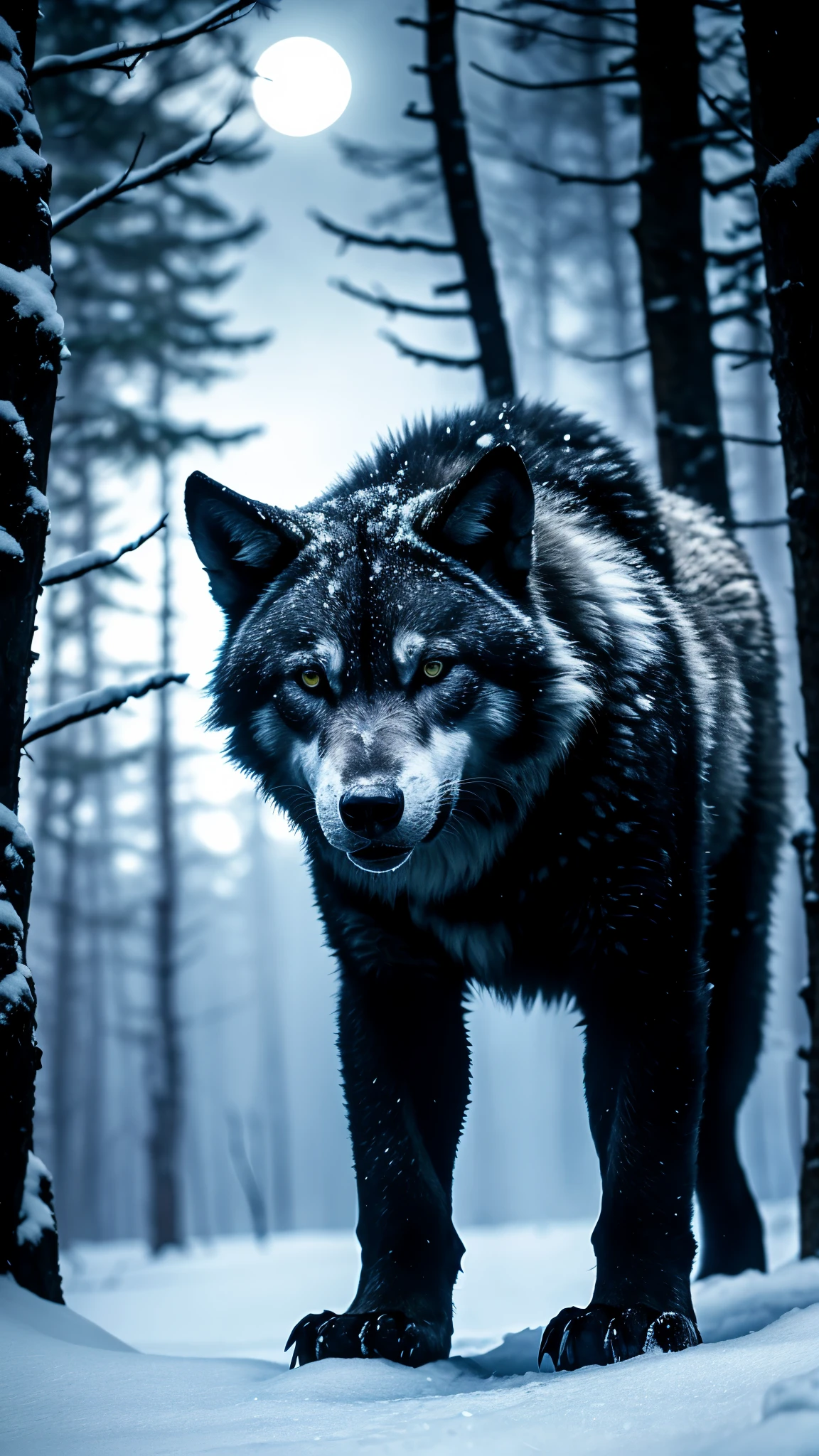 Lobo blanco, bosque oscuro, Hielo de nieve, blue eyes, atmósfera misteriosa, luz de la luna, pelaje negro, expresión feroz, presencia intimidante, caza nocturna, movimientos sigilosos, aullido inquietante, salvaje e indomable, físico poderoso, silueta de medianoche, sombras siniestras, Instinto primario, ancient legend, depredador alfa, mesmerizing beauty, dinámica de la manada de lobos, majestuoso desierto