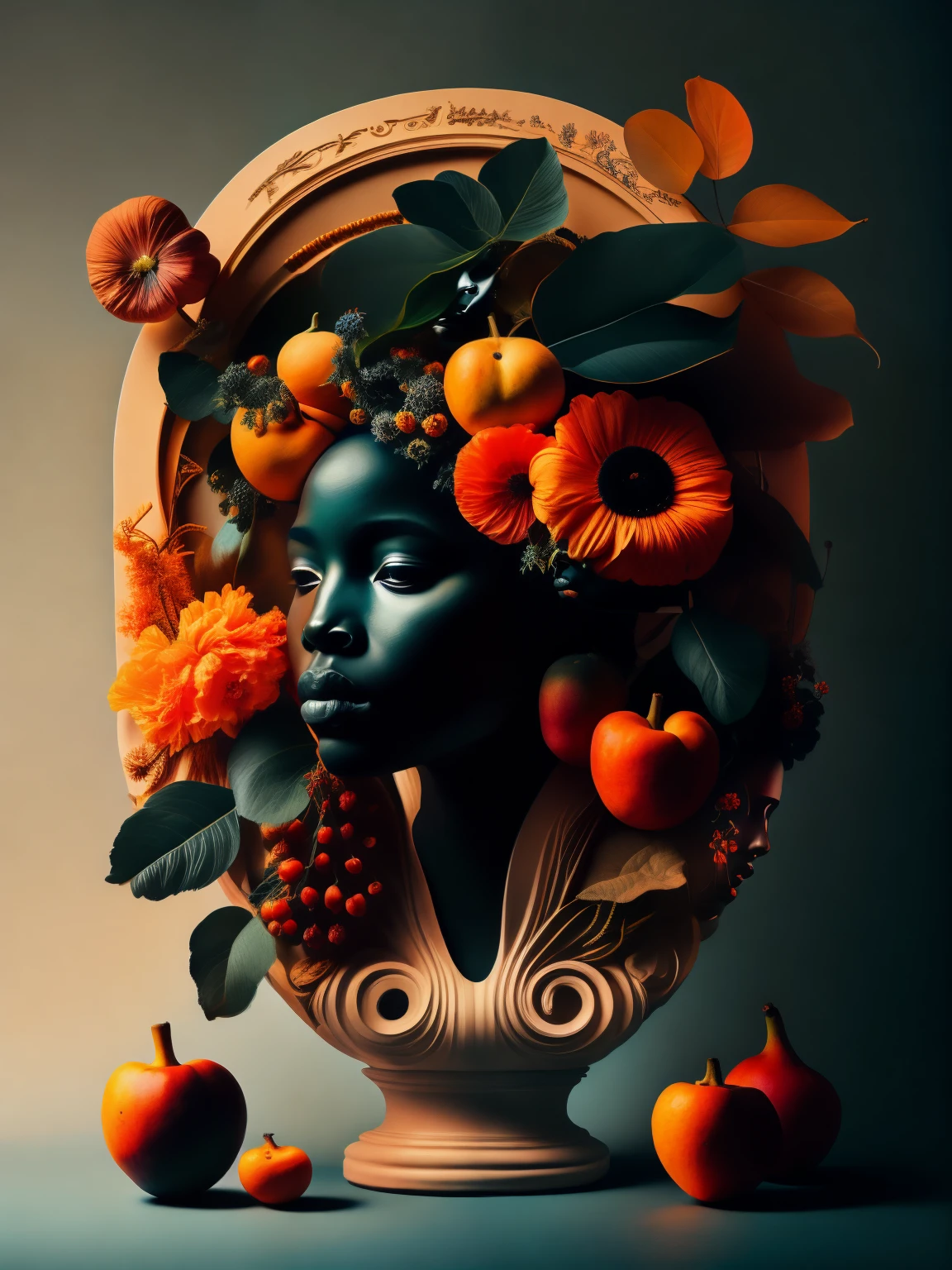 花と果物に囲まれた女性の頭の絵