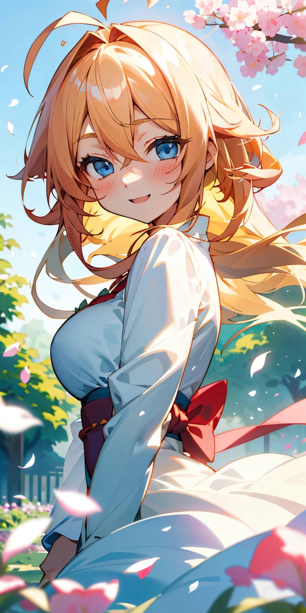 1 girl、String Maki、Blue eyes full of joy、blonde、hair length、big breasts、((Ahoge、Ahoge))、laughter、1 beautiful delicate portrait of a girl with a soft and peaceful expression、The scenery in the background is a garden with petals flying around.。