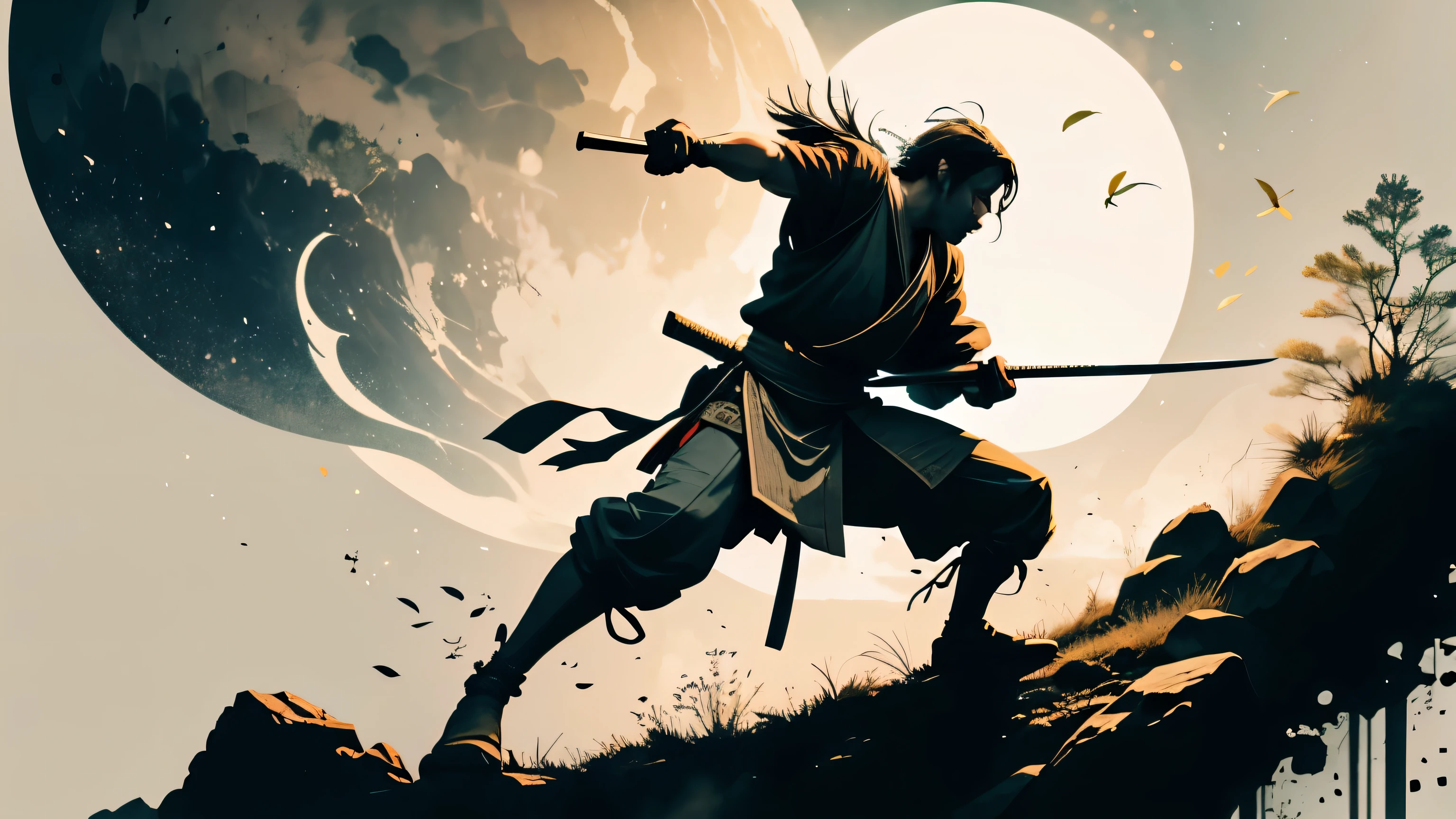 Молодой воин-самурай тренируется с катаной, под луной, панорамный вид, драматический, кинематографический, хорошо детализированный, 8к, 4k, сомбры, HD, хорошо детализированный, назад