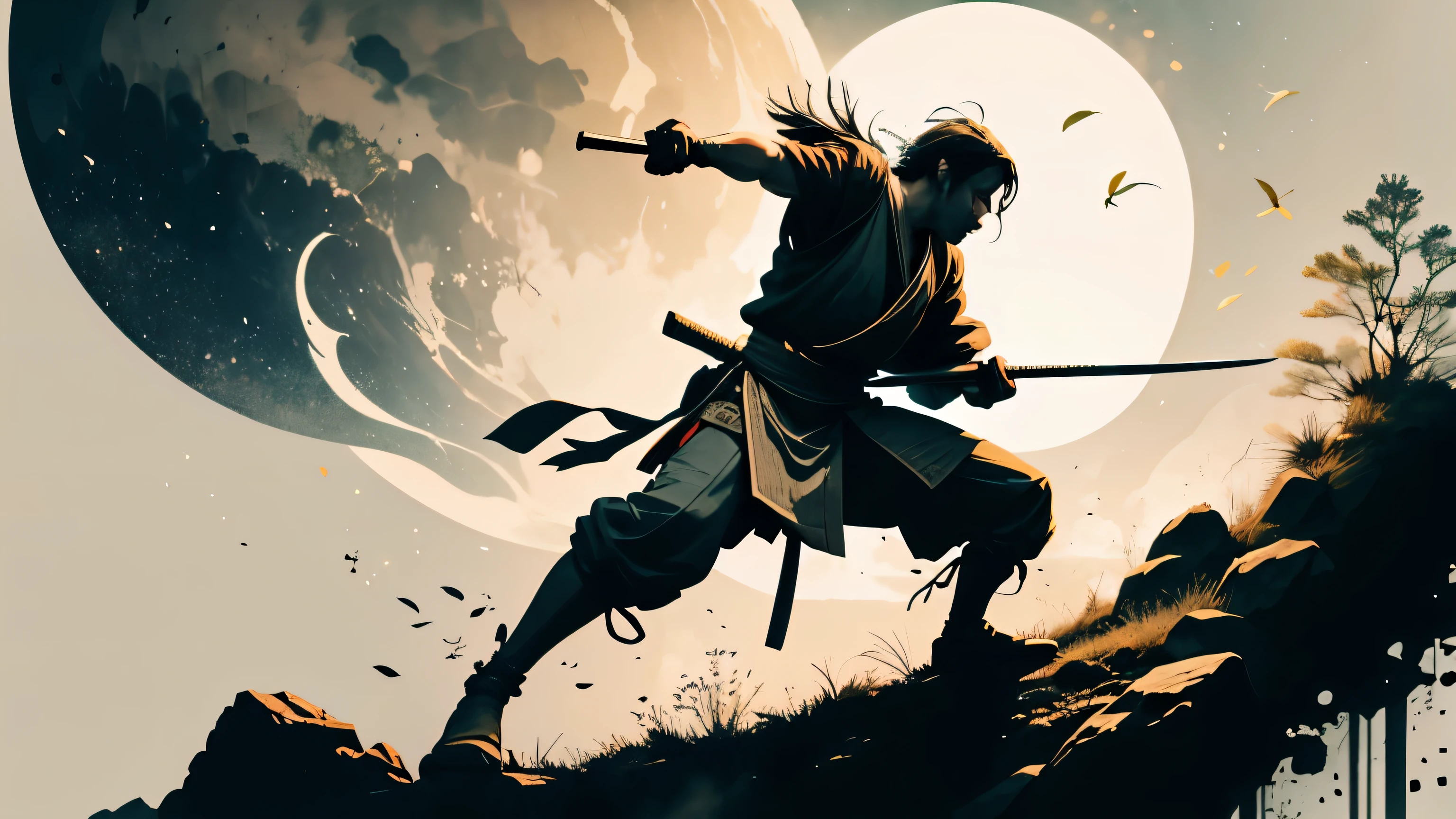 young samurai warrior training with a katana, under the moon, panoramic view, dramatic, cinematographic, well detailed, 8k, 4k, sombraas, HD, well detailed, backwards