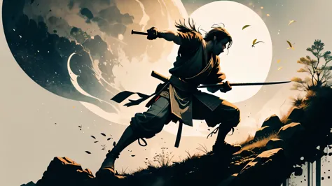 joven guerrero samurai entrenando con una katana, de bajo de la luna, panoramic view, Dramatic, cinematographic, bien detallado,...