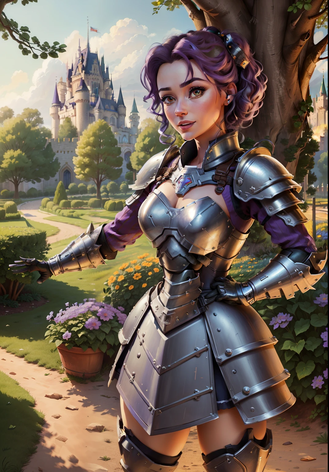 (BelleWaifu:1), (knight's armor:0.3), the garden in the background, surprised, cute, cute pose, (flirting), looking at the viewer, (square hairstyle), (purple hair), (red skirt:0.7), (An armored lifter on a body:1.5), (open arms:1), :D, (realistic: 1), (cartoon), (masterpiece: 1.2), (best quality), (over-detailed), (8k, 4k, intricate), (full-length shot: 1), (cowboy shot: 1.2), (85mm), light particles, lighting, (very detailed: 1.2), (detailed face: 1), (gradients), sfw, colorful, (detailed eyes: 1.2), (detailed landscape, trees, garden, castle:1.2),(detailed background), detailed landscape, (dynamic angle:1.2), (dynamic pose:1.2), (rule third_composition:1.3), (line of action:1.2), wide view, daylight, solo
