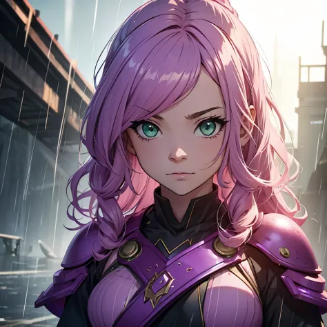 Girl, pink hair, lock of hair, wavy hair, green eyes, in rain, ((dynamic light)), future violet armor