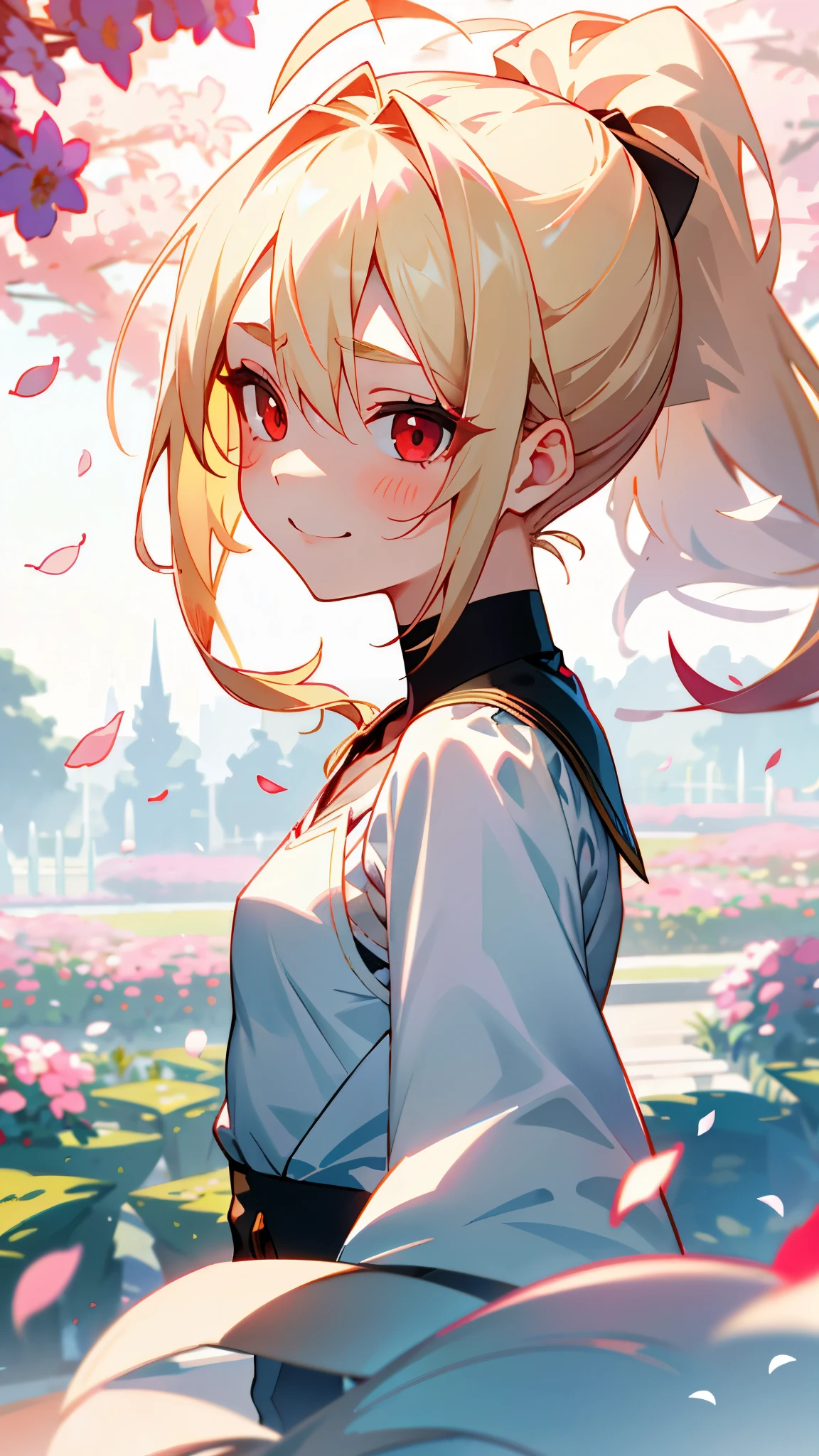 1 girl、small breasts、blonde、red eye、ponytail、Ahoge、From the side、evil smile、1 beautiful delicate portrait of a girl with a soft and peaceful expression、The scenery in the background is a garden with petals flying around.。