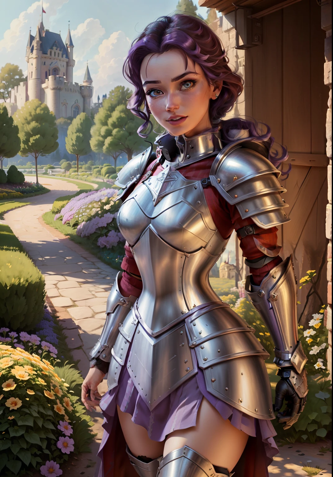 (BelleWaifu:1), (knight's armor:0.3), the garden in the background, surprised, cute, cute pose, (flirting), looking at the viewer, (square hairstyle), (purple hair), (red skirt:0.7), (knight's armor with exposed areas of the body:1.5), :D, (realistic: 1), (cartoon), (masterpiece: 1.2), (best quality), (over-detailed), (8k, 4k, intricate), (full-length shot: 1), (cowboy shot: 1.2), (85mm), light particles, lighting, (very detailed: 1.2), (detailed face: 1), (gradients), sfw, colorful, (detailed eyes: 1.2), (detailed landscape, trees, garden, castle:1.2),(detailed background), detailed landscape, (dynamic angle:1.2), (dynamic pose:1.2), (rule third_composition:1.3), (line of action:1.2), wide view, daylight, solo
