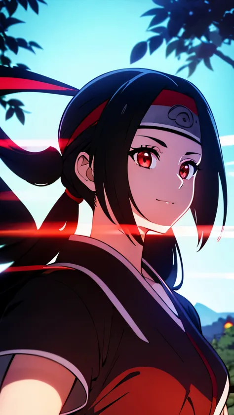 anime visual of a cute girl, young anime girl, an anime girl, ((Black hair)), ((Sharingan eyes)), red eyes, bun pigtails hairsty...