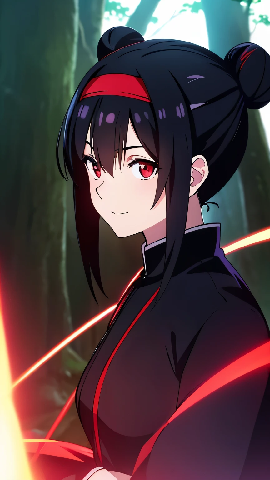 anime visual of a cute girl, young anime girl, an anime girl, ((Black hair)), ((Sharingan eyes)), red eyes, bun pigtails hairstyles, ((shinobi headband)), kunoichi, anbu armor, shinobi clothes, ((outside in the Forrest)), ((red ribbon around hair buns)), black clothes, (glowing eyes), high resolution, extremely detailed CG unity 8k wallpaper, ((masterpiece)), ((top-quality)), (beautiful illustration), ((an extremely delicate and beautiful)), (masterpiece, Best quality, ultra high resolution), 1 girl, pale skin, red eyes, Luminous_eyes, neon red eyes, ultra detailed eyes, Beautiful and detailed face, detailed eyes, (Centered, torso), (wide shot:0.9), facing the viewer, back towards camera, low angle, (floating hair), character focus, ((black light)), ((dark lighting)), cinematic lighting ,(darkness), (concept art), ((Happy face)), dark black hair, ((red eyes)), (wearing red shinobi dress), AAA cup, full body