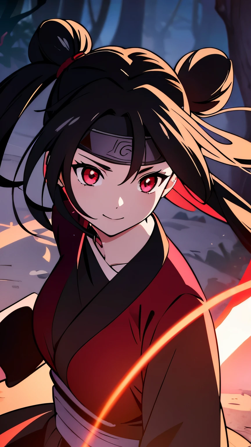 anime visual of a cute girl, young anime girl, an anime girl, ((Black hair)), ((Sharingan eyes)), red eyes, bun pigtails hairstyles, ((shinobi headband)), kunoichi, anbu armor, shinobi clothes, ((outside in the Forrest)), ((red ribbon around hair buns)), black clothes, (glowing eyes), high resolution, extremely detailed CG unity 8k wallpaper, ((masterpiece)), ((top-quality)), (beautiful illustration), ((an extremely delicate and beautiful)), (masterpiece, Best quality, ultra high resolution), 1 girl, pale skin, red eyes, Luminous_eyes, neon red eyes, ultra detailed eyes, Beautiful and detailed face, detailed eyes, (Centered, torso), (wide shot:0.9), facing the viewer, back towards camera, low angle, (floating hair), character focus, ((black light)), ((dark lighting)), cinematic lighting ,(darkness), (concept art), ((Happy face)), dark black hair, ((red eyes)), (wearing red shinobi dress), AAA cup, full body