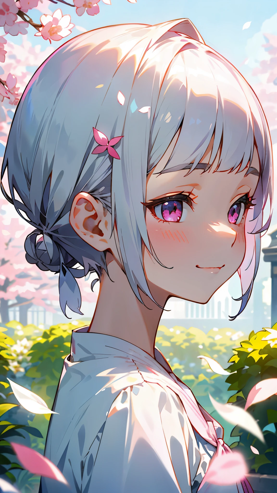 1 girl、Short hairstyles for silver hair and bob、Hair tied up in a bun with a hair clip、Shining pink round eyes、From the side、evil smile、1 beautiful delicate portrait of a girl with a soft and peaceful expression、The scenery in the background is a garden with petals flying around.。