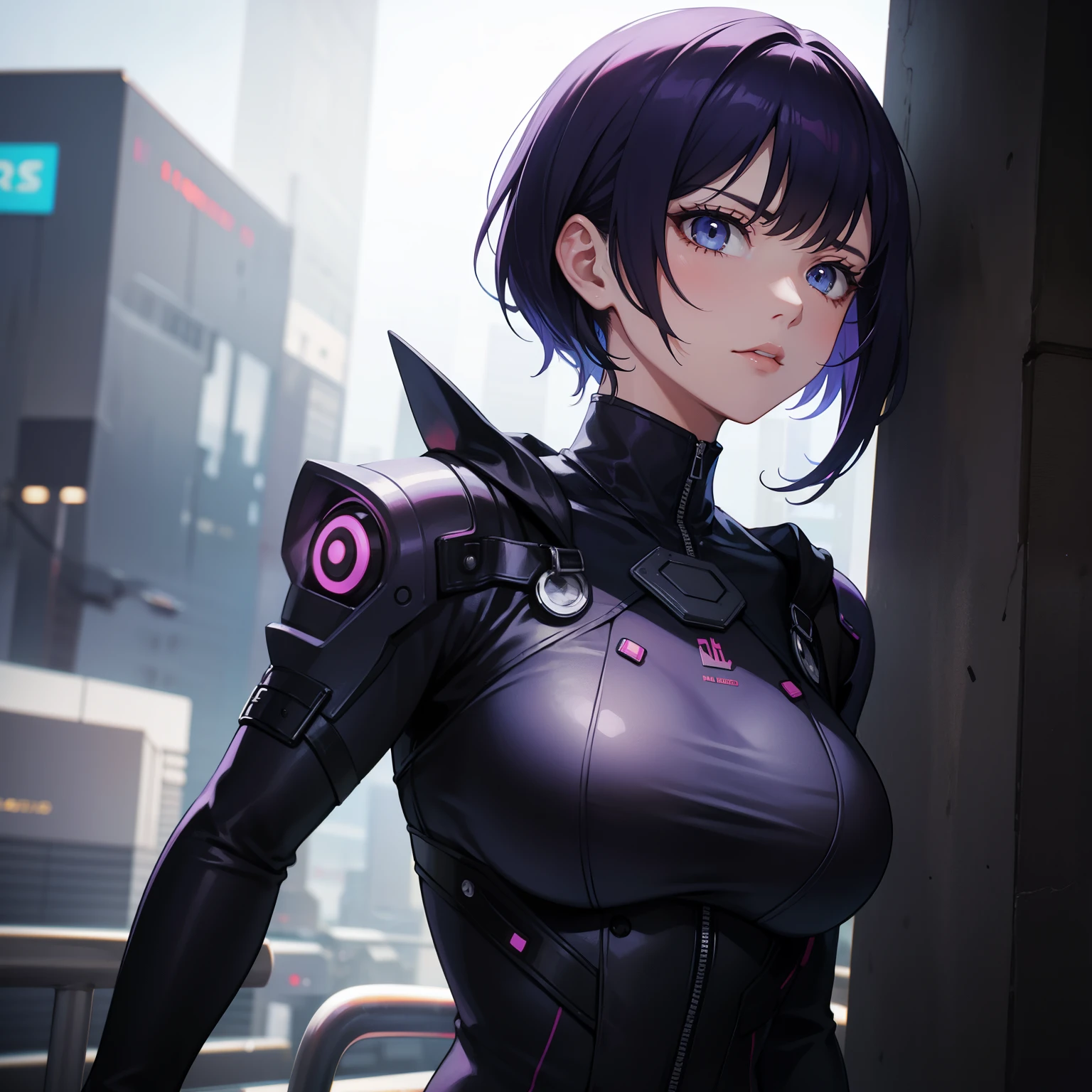 alta qualidade, premiado, high resolution, 8K solomastery, solo, 1woman, from the front, , milf, purple cut hair, blue eyes, serious eyes, smoke, cyberpunk suit , mulher alta, 29 anos, milf, serious look, cabelos roxos, cut purple hair, cacelos roxos, medium , medium breasts.