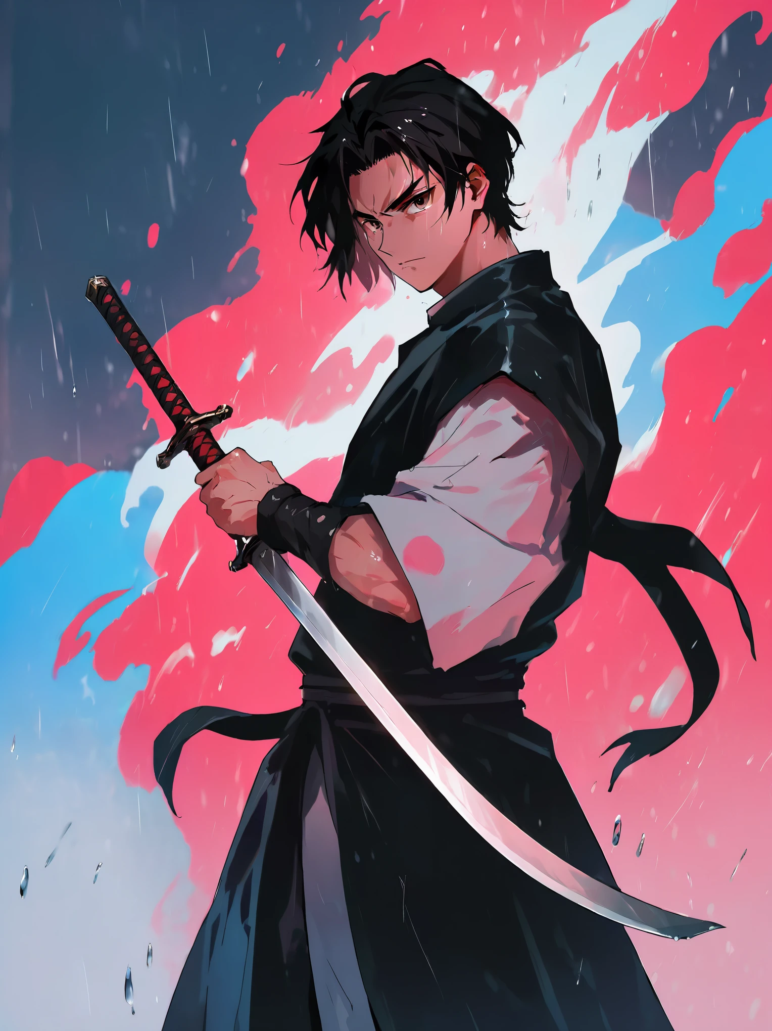 anime - style image of a man with a sword in the rain, handsome guy in demon slayer art, demon slayer rui fanart, demon slayer artstyle, badass anime 8 k, with large sword, holds a black sword, inspired by Itō Ogura Yonesuke, tsurumaki kazuya, handsome japanese demon boy, anime style character