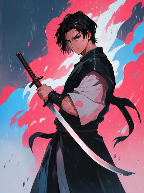 anime - style image of a man with a sword in the rain, handsome guy in demon slayer art, demon slayer rui fanart, demon slayer a...