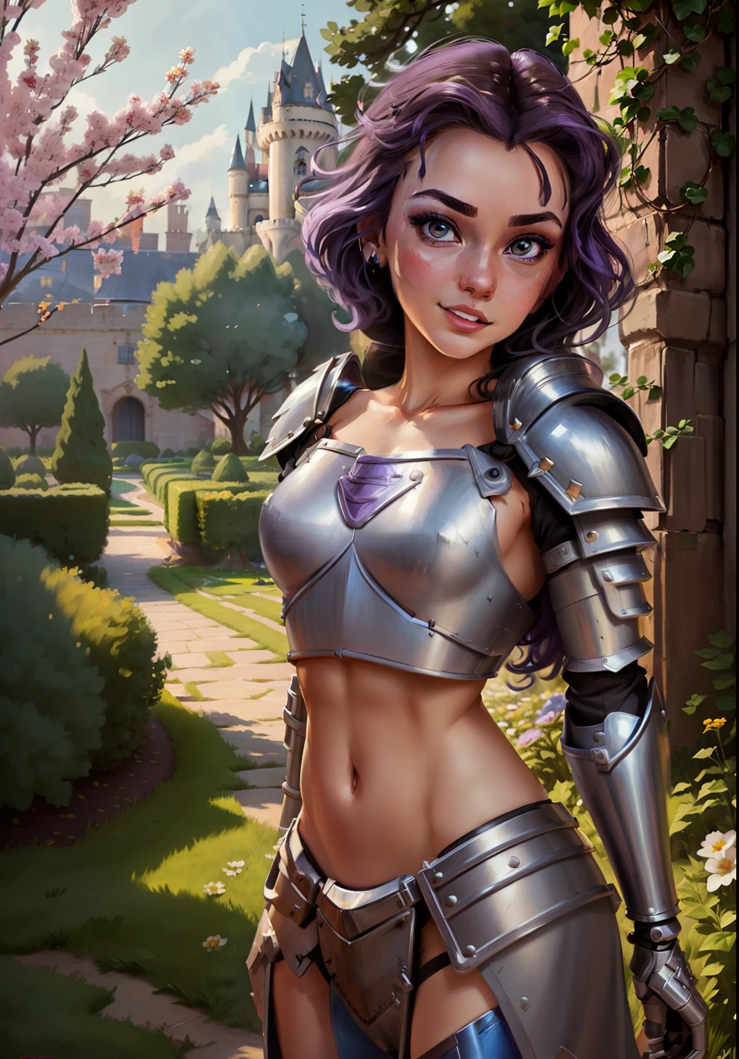 (BelleWaifu:1), (knight's armor:0.3), the garden in the background, surprised, cute, cute pose, (flirting), looking at the viewer, (square hairstyle), (purple hair), (metal knight crop top on naked body:1.5), :D, (realistic: 1), (cartoon), (masterpiece: 1.2), (best quality), (over-detailed), (8k, 4k, intricate), (full-length shot: 1), (cowboy shot: 1.2), (85mm), light particles, lighting, (very detailed: 1.2), (detailed face: 1), (gradients), sfw, colorful, (detailed eyes: 1.2), (detailed landscape, trees, garden, castle:1.2),(detailed background), detailed landscape, (dynamic angle:1.2), (dynamic pose:1.2), (rule third_composition:1.3), (line of action:1.2), wide view, daylight, solo
