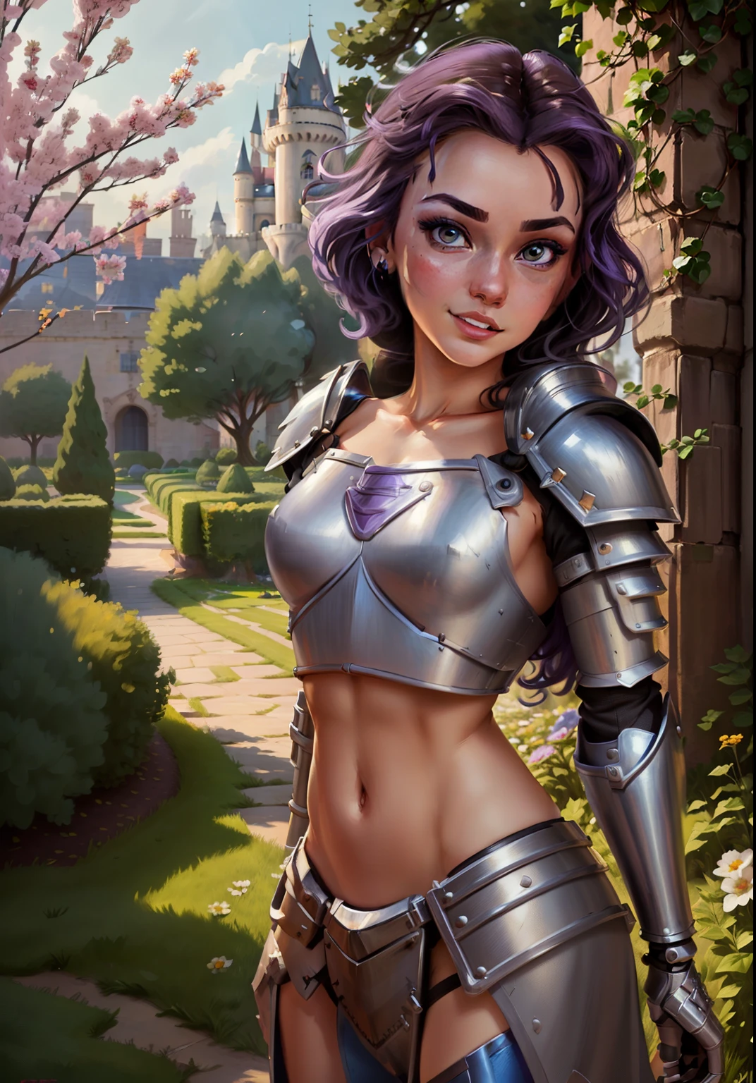 (BellaWaifu:1), (armadura de caballero:0.3), the jardín in the background, sorprendido, lindo, lindo pose, (galanteo), mirando al espectador, (Peinado cuadrado), (cabello purpura), (crop top de metal en cuerpo desnudo:1.5), :d, (Realista: 1), (Dibujos animados), (obra maestra: 1.2), (mejor calidad), (demasiado detallado), (8K, 4k, Intrincado), (plano completo: 1), (tiro de vaquero: 1.2), (85mm), partículas de luz, Encendiendo, (Muy detallado: 1.2), (cara detallada: 1), (gradientes), SFW, Vistoso, (ojos detallados: 1.2), (paisaje detallado, árboles, jardín, castillo:1.2),(antecedentes detallados), paisaje detallado, (ángulo dinámico:1.2), (pose dinámica:1.2), (regla tercera_composición:1.3), (Línea de acción:1.2), vista amplia, luz, solo
