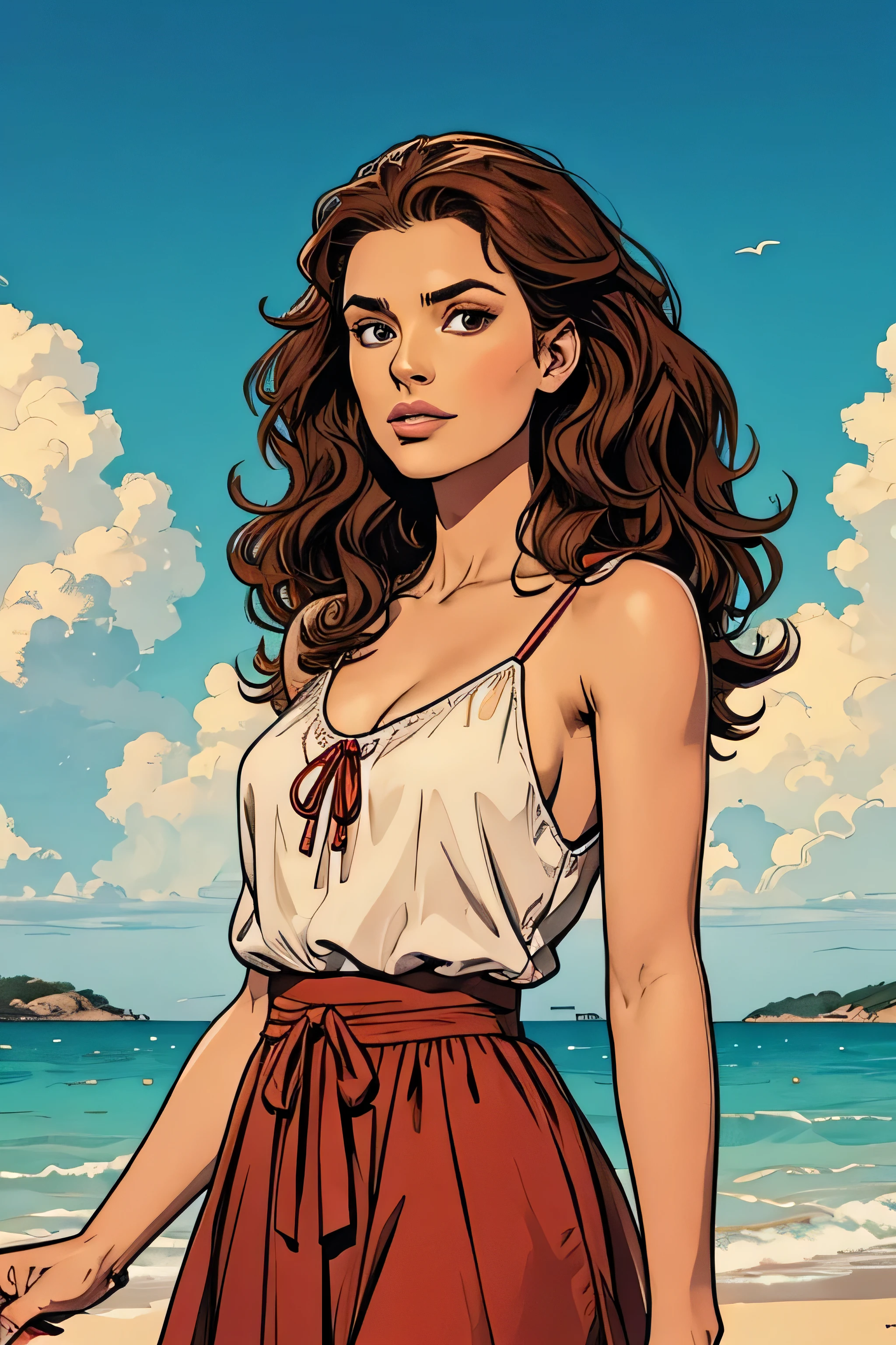 Ilustración de una mujer de 34 años.., piel blanca, Ojos cafés, pelo castaño largo y rizado, blusa roja con flores, fondo de playa