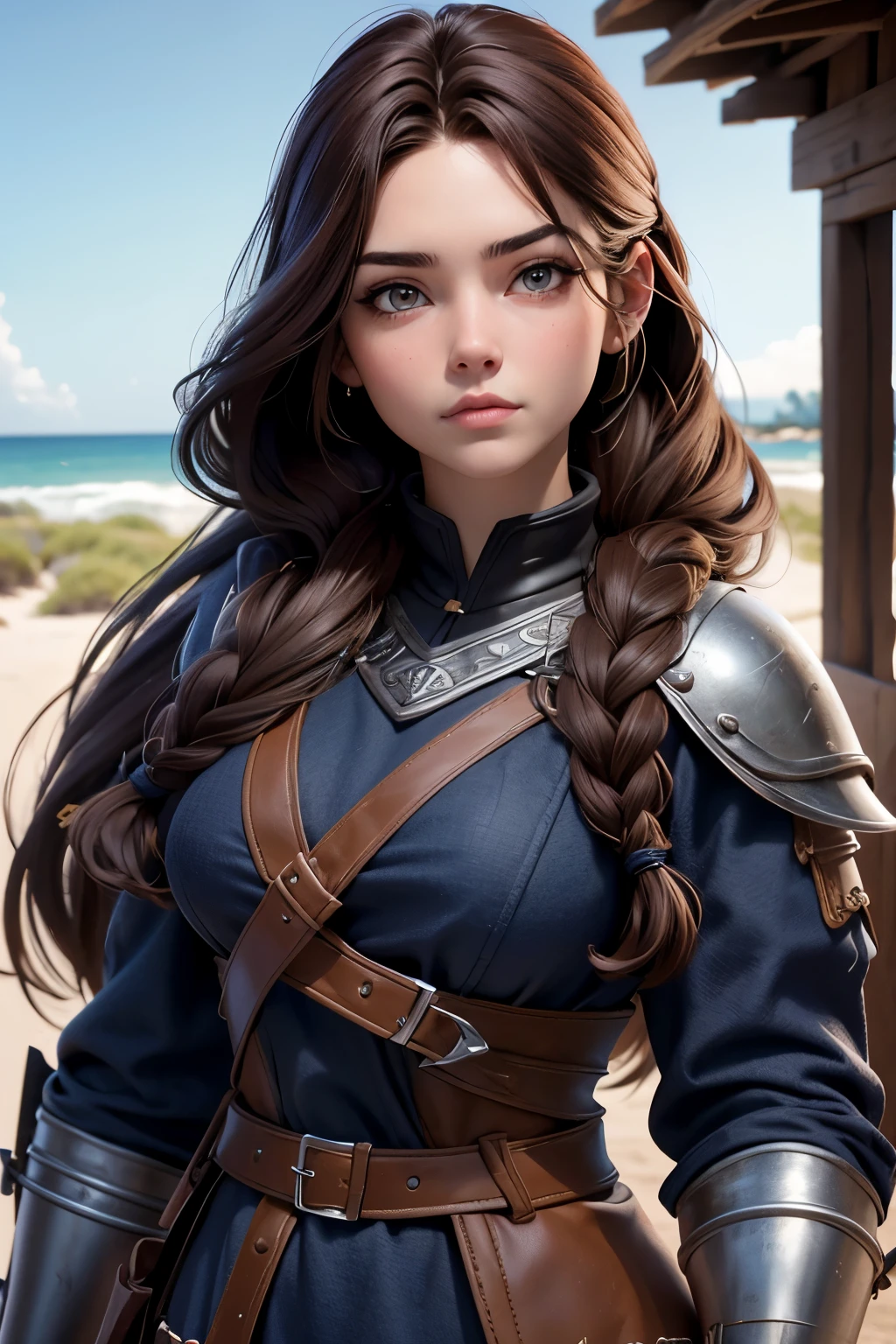 (Obra maestra, La mejor calidad) young 18 year old woman, Cabello largo, ojos azules, cabello rubio, brown hair, tenencia, boca cerrada, Parte superior del cuerpo, arma, trenza, al aire libre, tenencia arma, armadura vikinga, Estilo Juego de Tronos, medieval, realista.