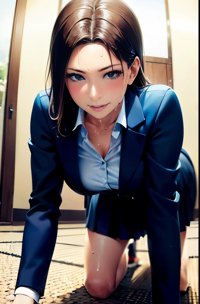 woman wearing a skirt、Woman in Suit, (software) safe for work, At the front door, a woman sees you off, , she sees off、man going to work, inspiring illustrations, digital manga, a teasing smile, illustrative!!, shoujo manga, in a Japanese apartment、crawl on all fours、At the front door、((blowjob gesture、dripping sweat、oil skin,sparkling skin、realistic skin texture、detailed beautiful skin、shiny skin、shiny skin))