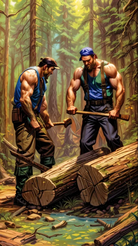 painting of two men with axes in a forest clearing a log, lumberjack, inspired by Brothers Hildebrandt, inspired by the Brothers...