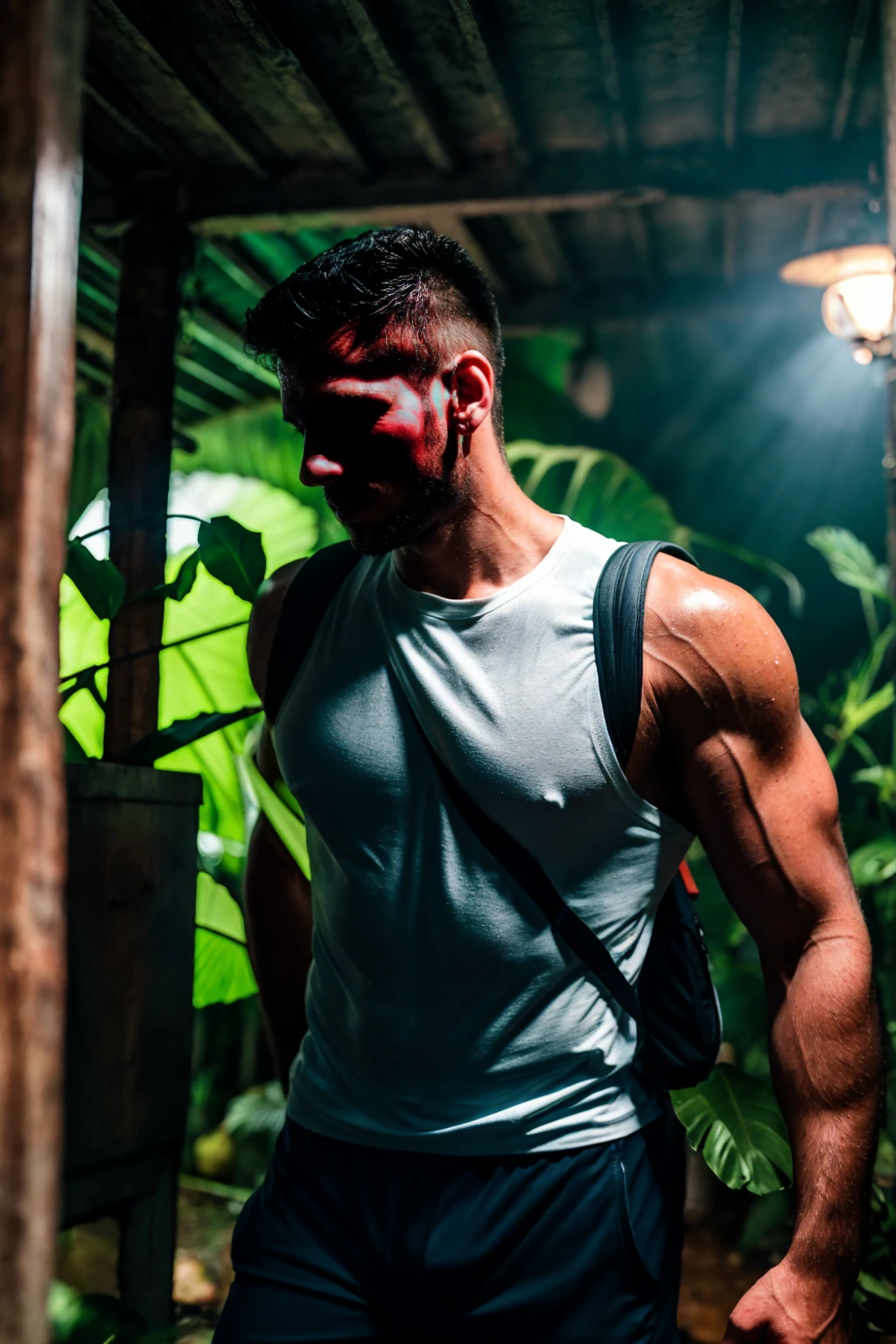 there is a handsome, muscular man walking in the hot and humid jungle, wearing a tight white tank, with a backpack, sweaty, old house, dark cinematic, professional photography, anatomically correct, dynamic lighting, high contrast, color graded
