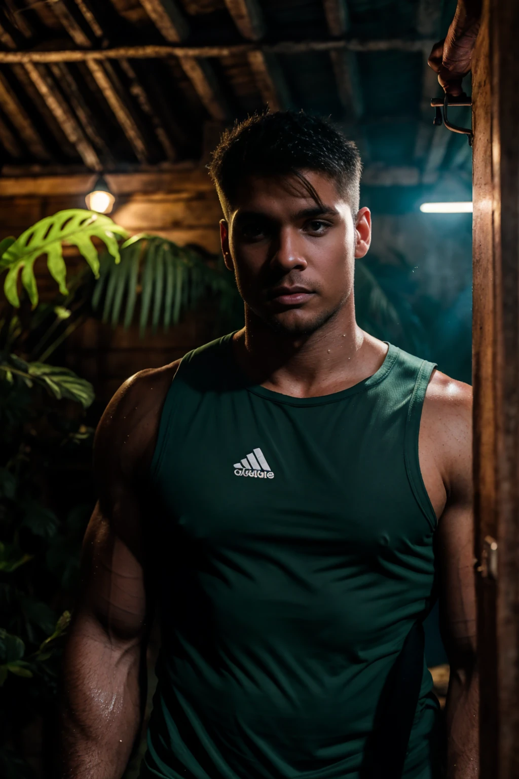 there is a handsome, muscular man walking in the hot and humid jungle, wearing a tight white tank, with a backpack, sweaty, old house, dark cinematic, professional photography, anatomically correct, dynamic lighting, high contrast, color graded