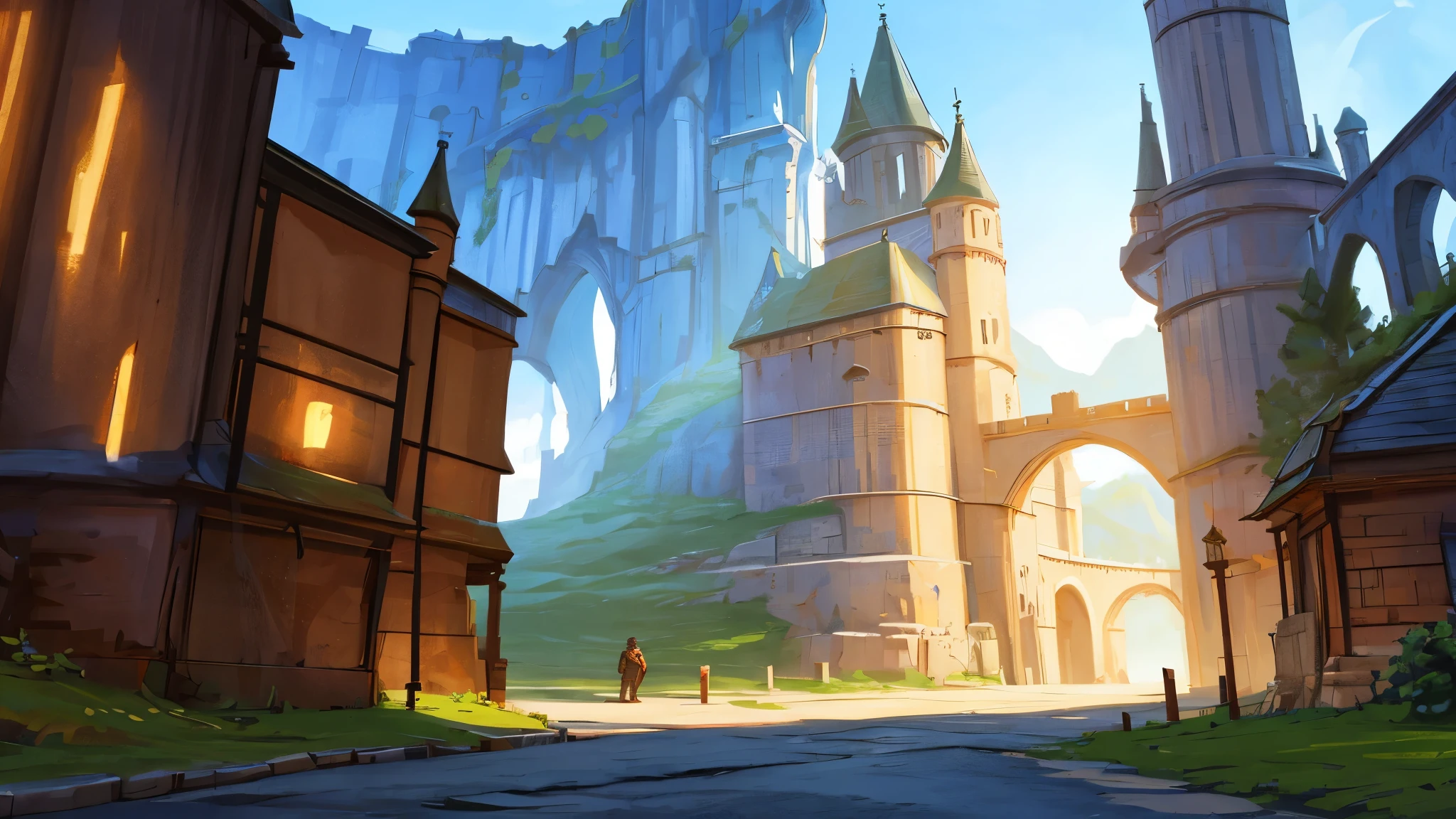 visual novel background, walled fantasy city gate with a road leading to guard checkpoint, extremely detailed, high quality